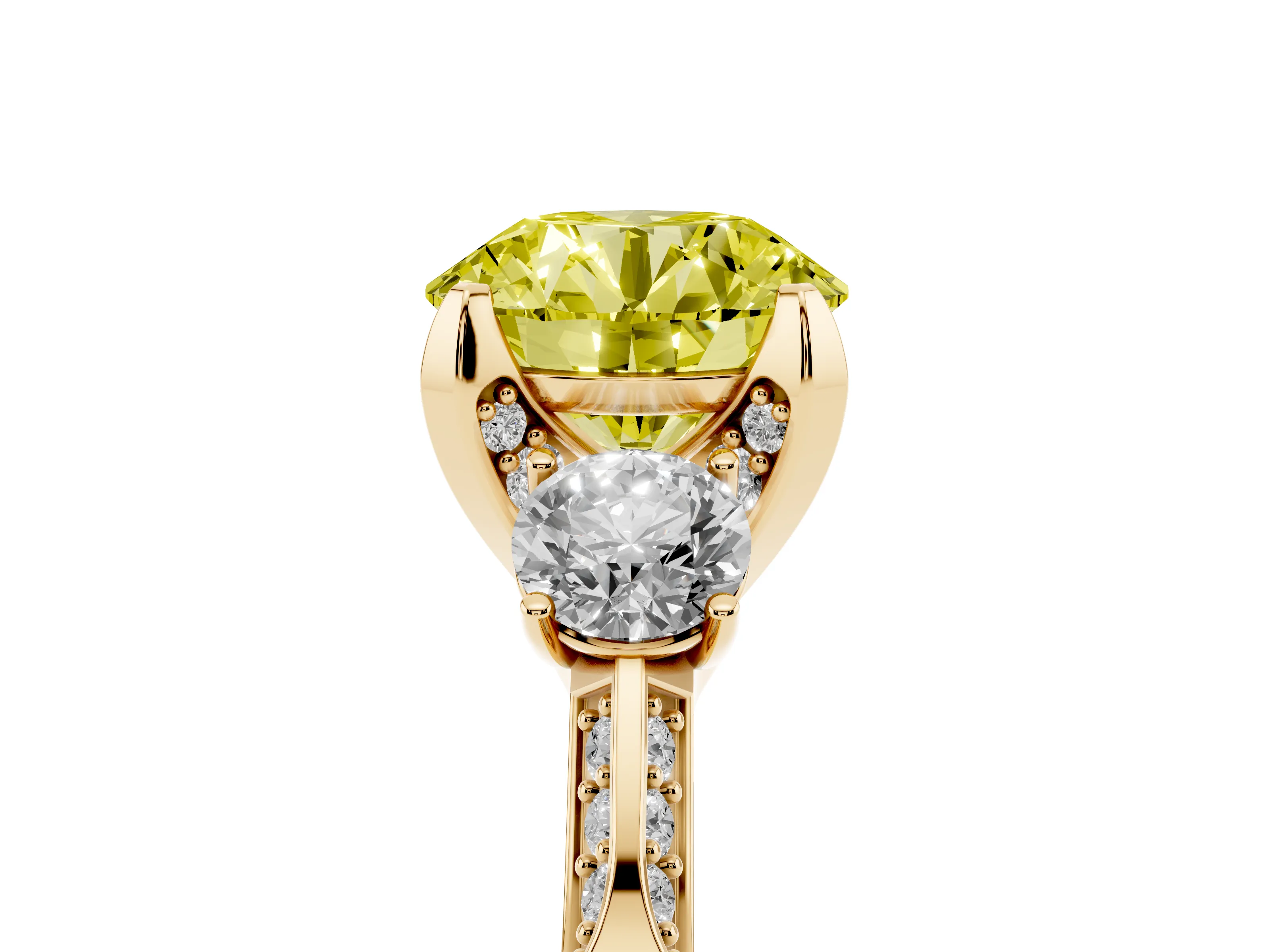 Fancy Yellow Round Cut Diamond Three-Stone Ring Set in Yellow gold with Pavé Band and Smaller Side Stones
