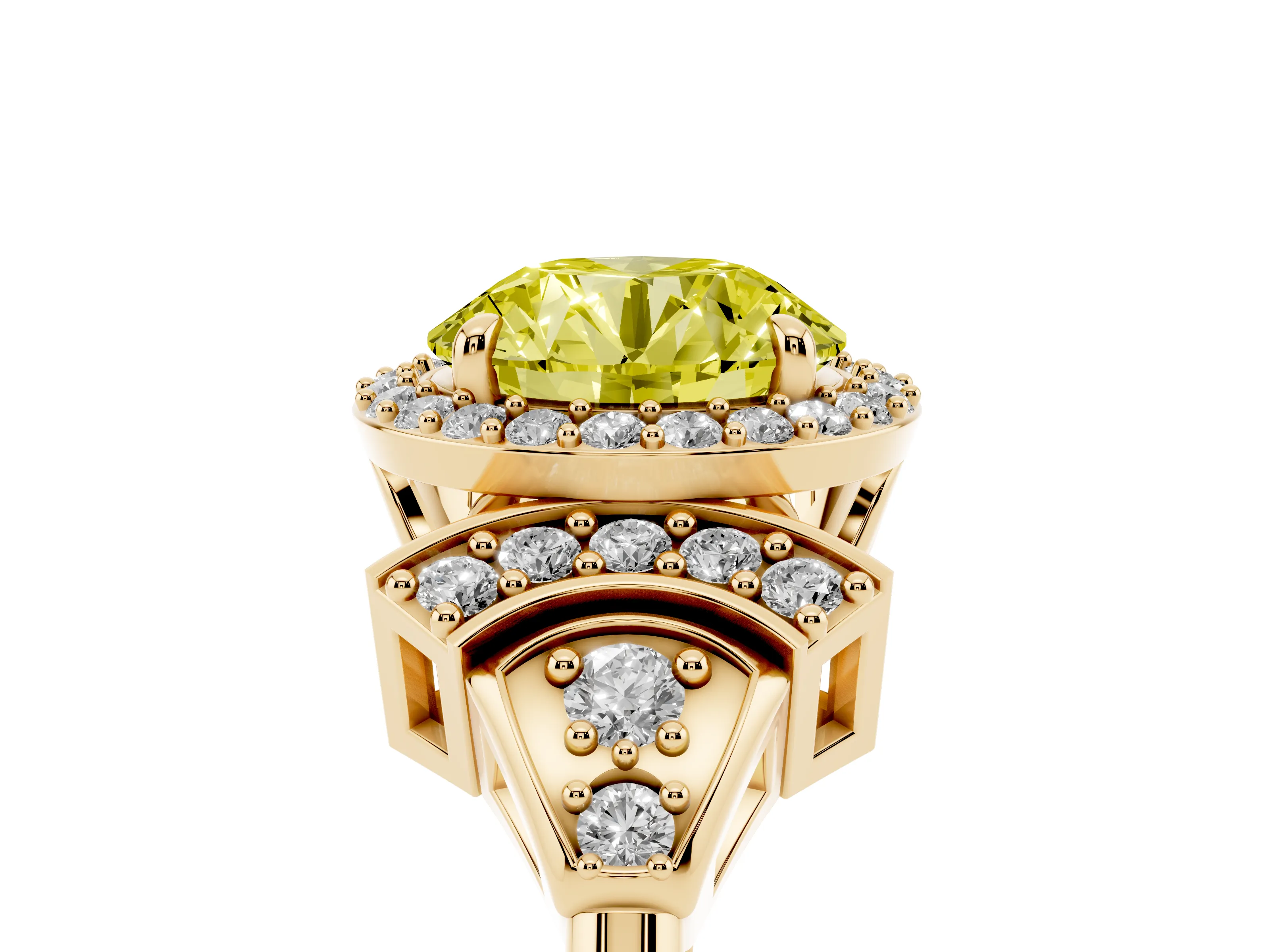 Fancy Yellow Round Cut Diamond Halo Engagement Ring Set in Yellow gold with Accent Stone Split Shank