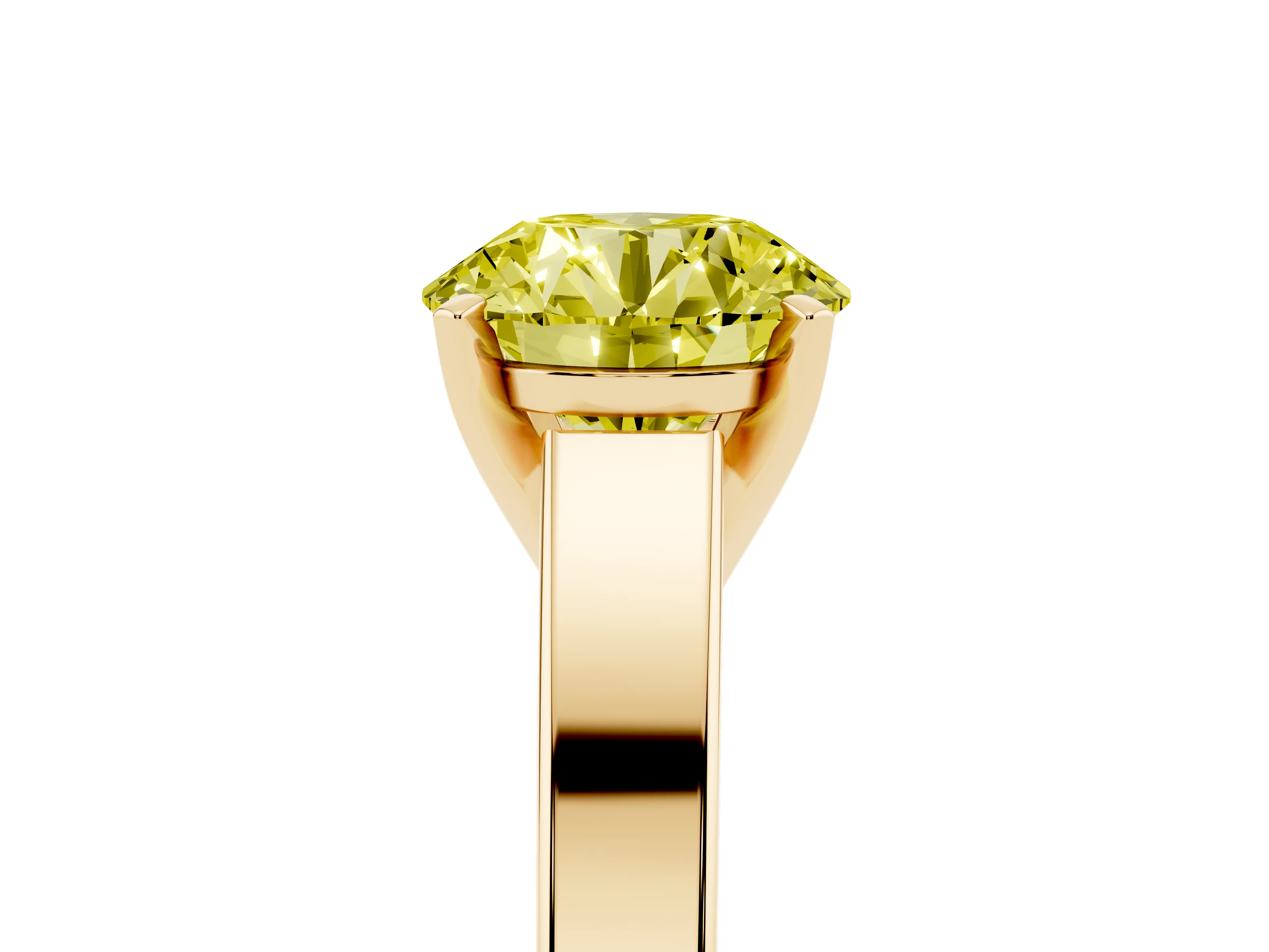 Fancy Yellow Round Cut Diamond Solitaire Engagement Ring Set in Yellow gold with Prong Setting and Tapered Band