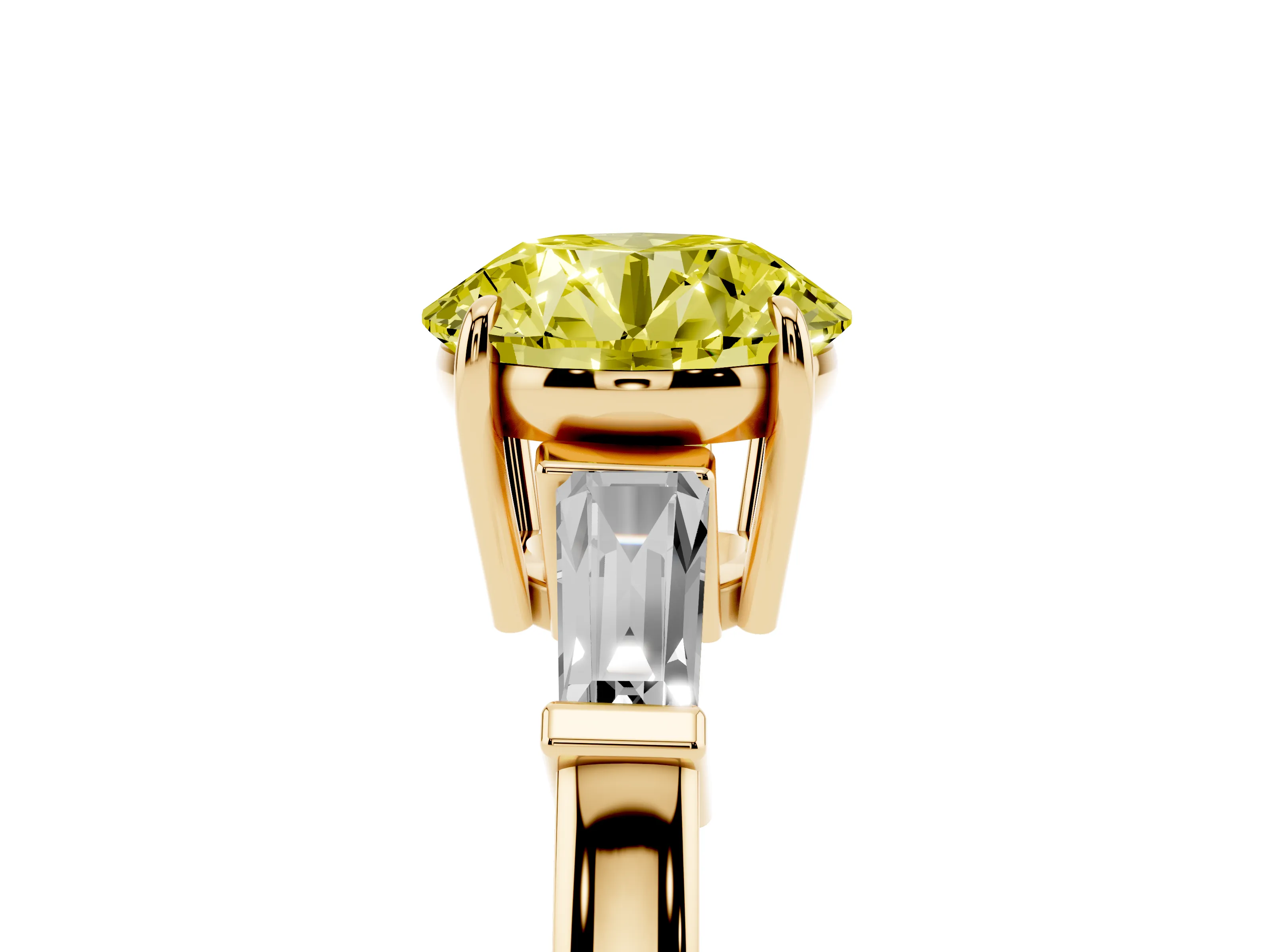 Fancy Yellow Round Cut Diamond Three-Stone Ring Set in Yellow gold with Tapered Baguette Side Stones and Prong Setting