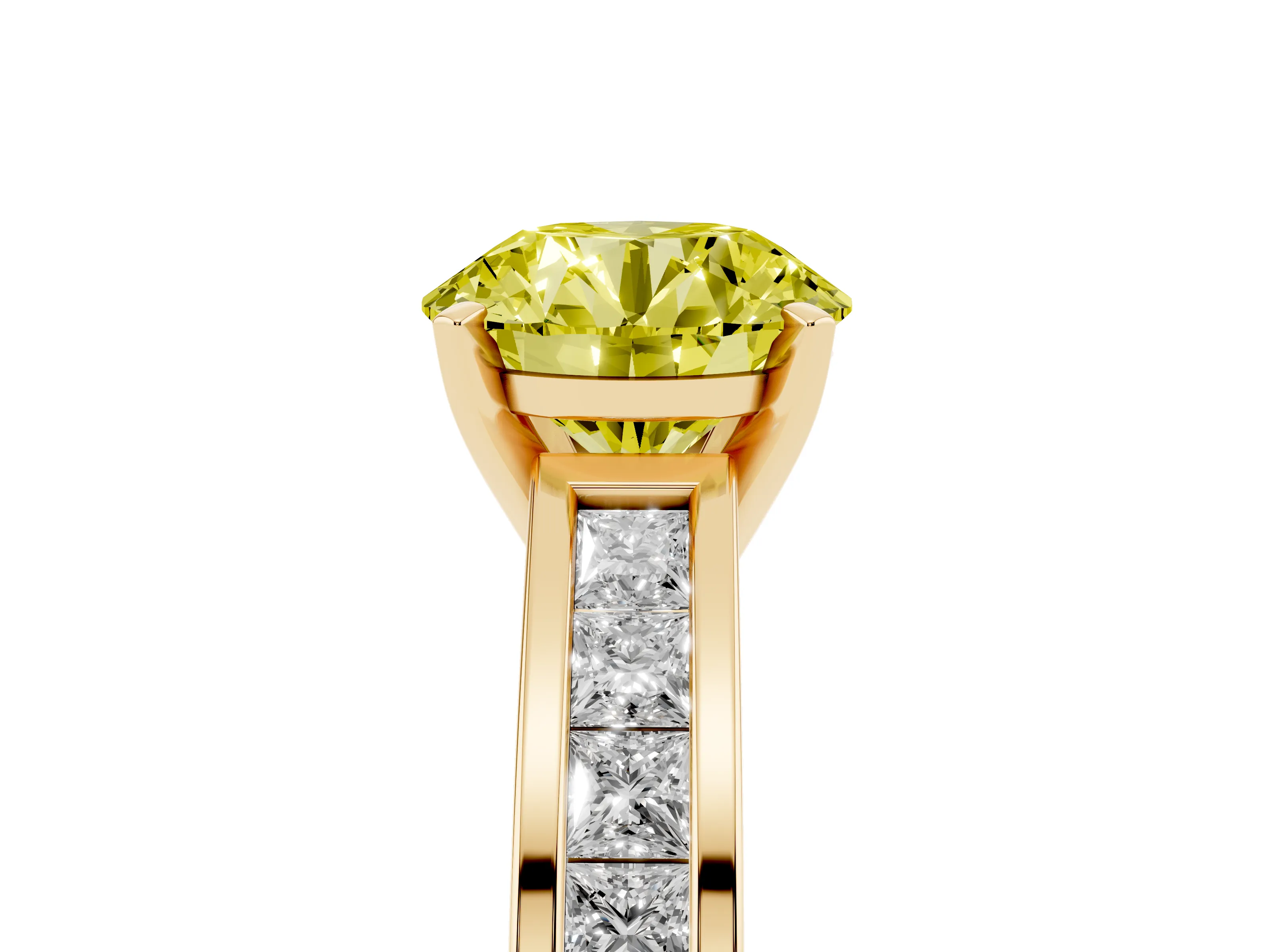 Fancy Yellow Round Cut Diamond Solitaire Ring Set in Yellow gold with Channel-Set Band and Prong Setting