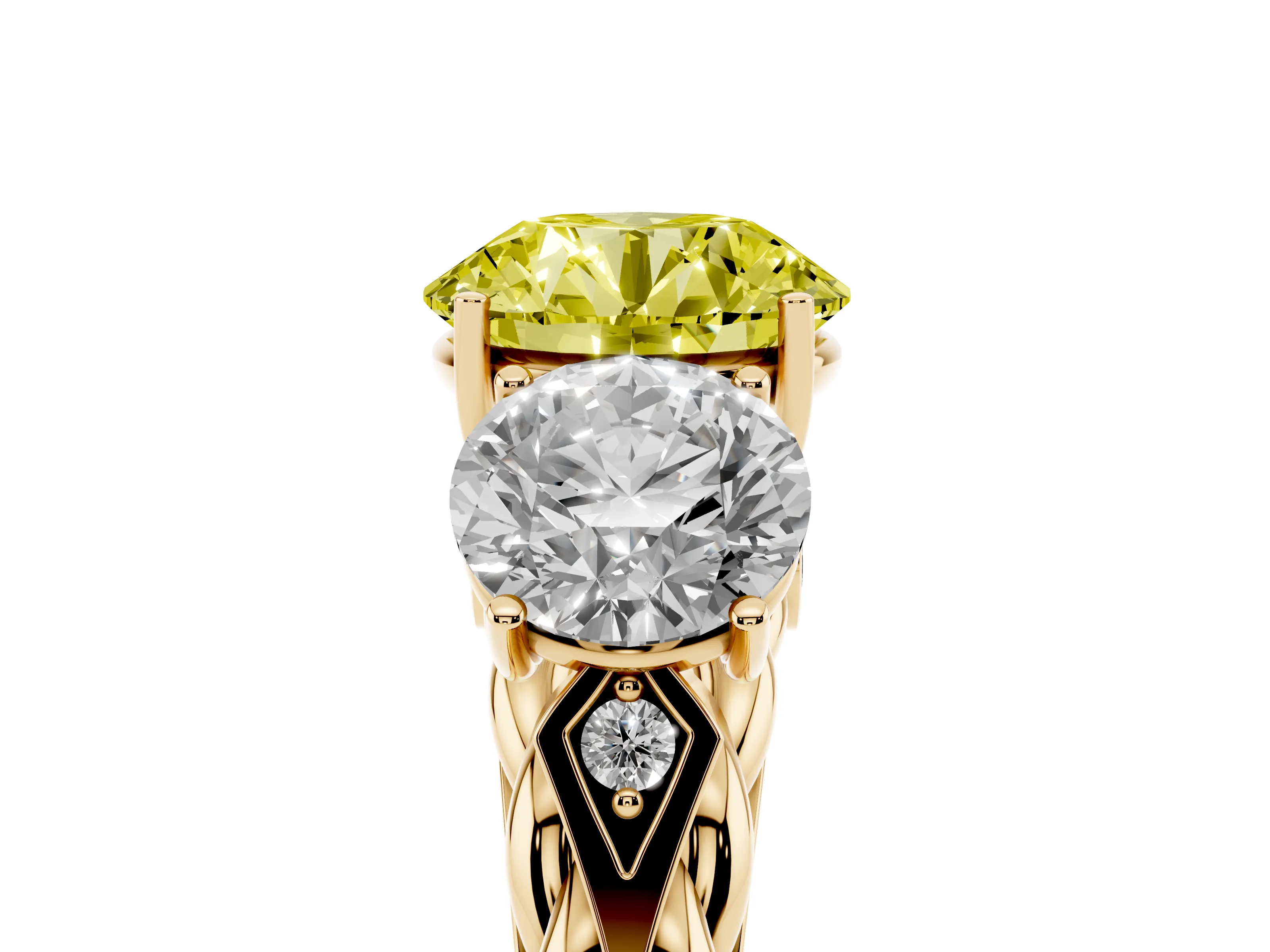 Fancy Yellow Round Cut Diamond Three-Stone Ring Set in Yellow gold with Braided Band