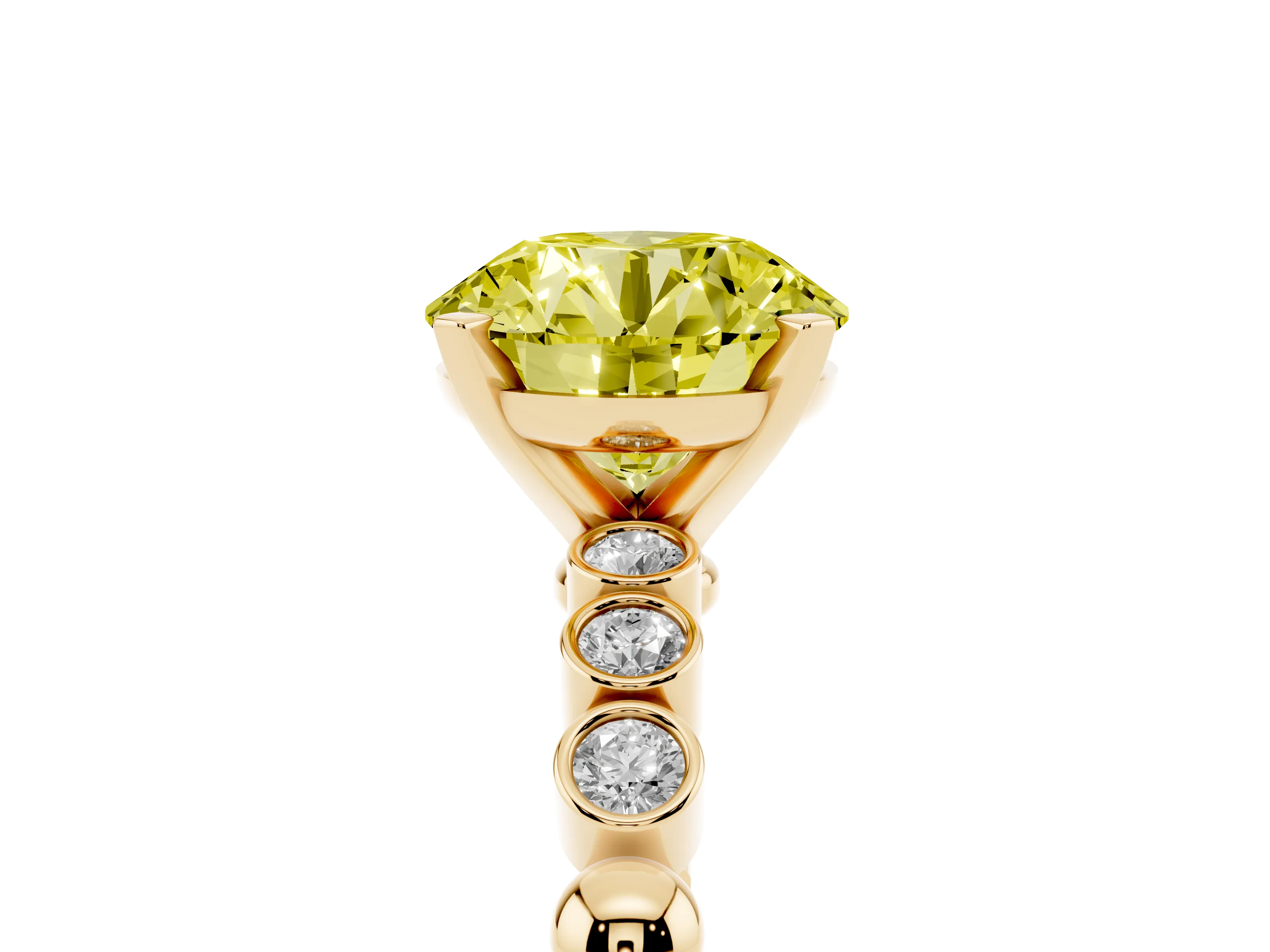 Fancy Yellow Round Cut Diamond Solitaire Engagement Ring Set in Yellow gold with Bezel Accents on Beaded Band