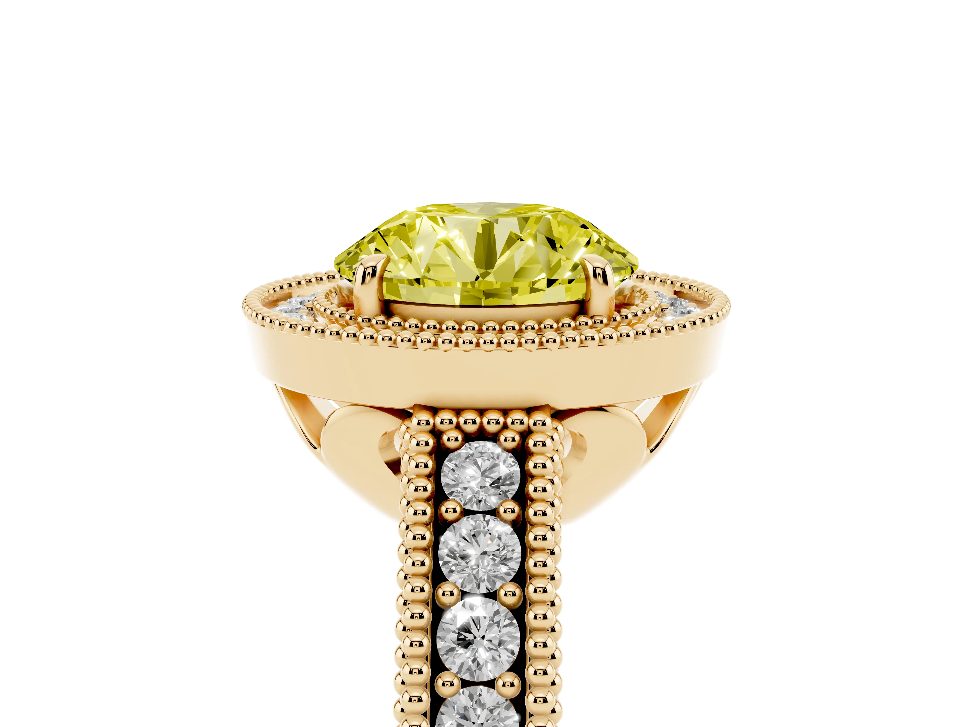 Fancy Yellow Round Cut Diamond Halo Ring Set in Yellow gold with Round Accent Halo, Pavé Band and Prong Setting