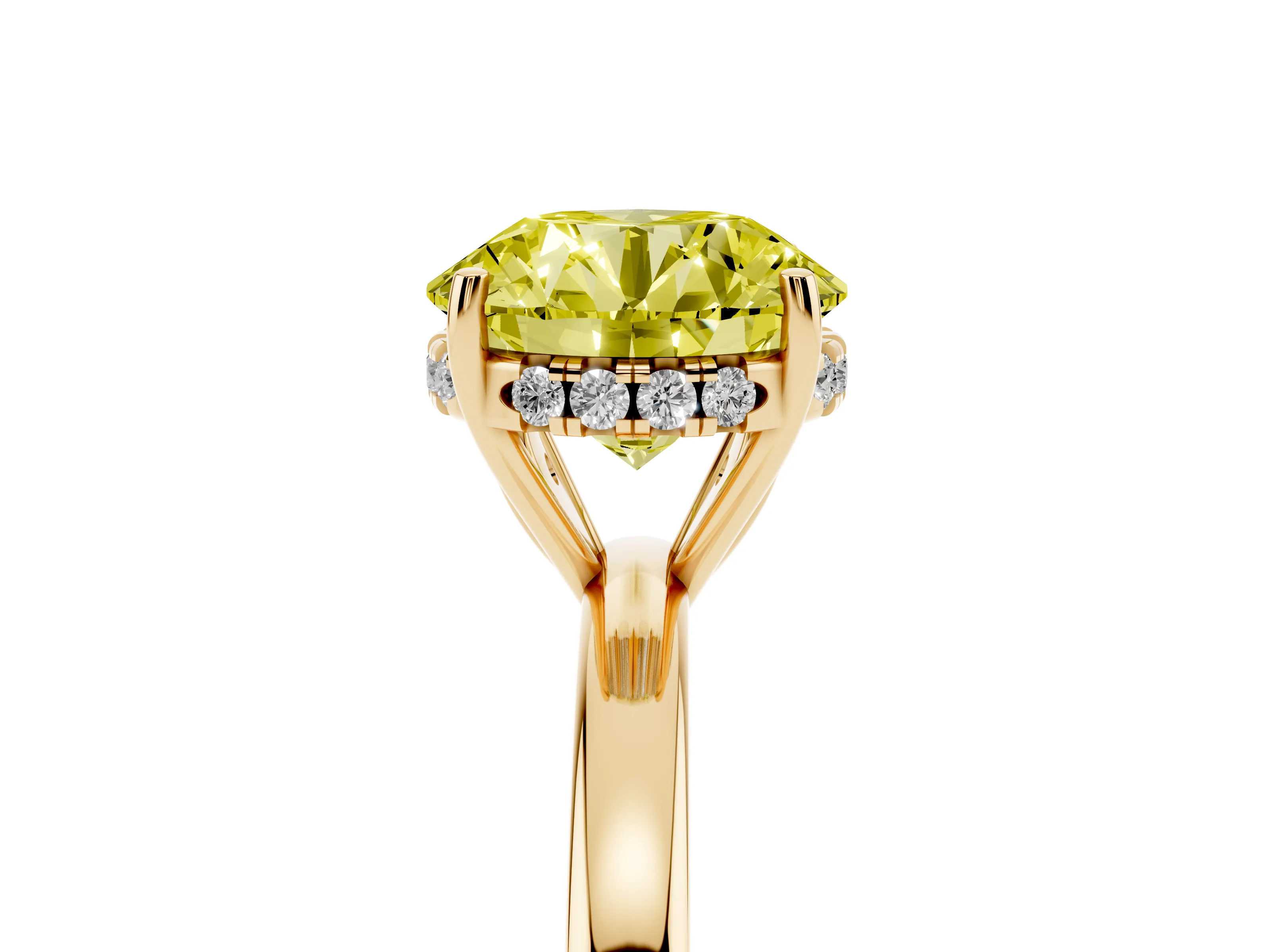 Fancy Yellow Round Cut Diamond Solitaire Ring Set in Yellow gold with Plain Band and Prong Setting