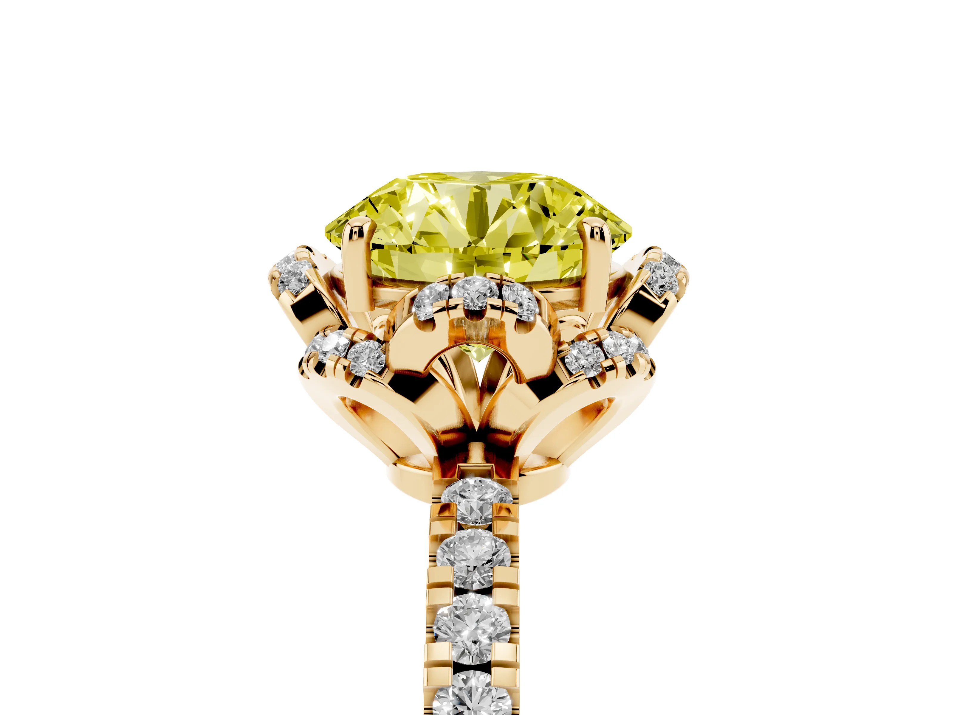 Fancy Yellow Round Cut Diamond Halo Pavé Band Ring Set in Yellow gold with Prong-Held Center