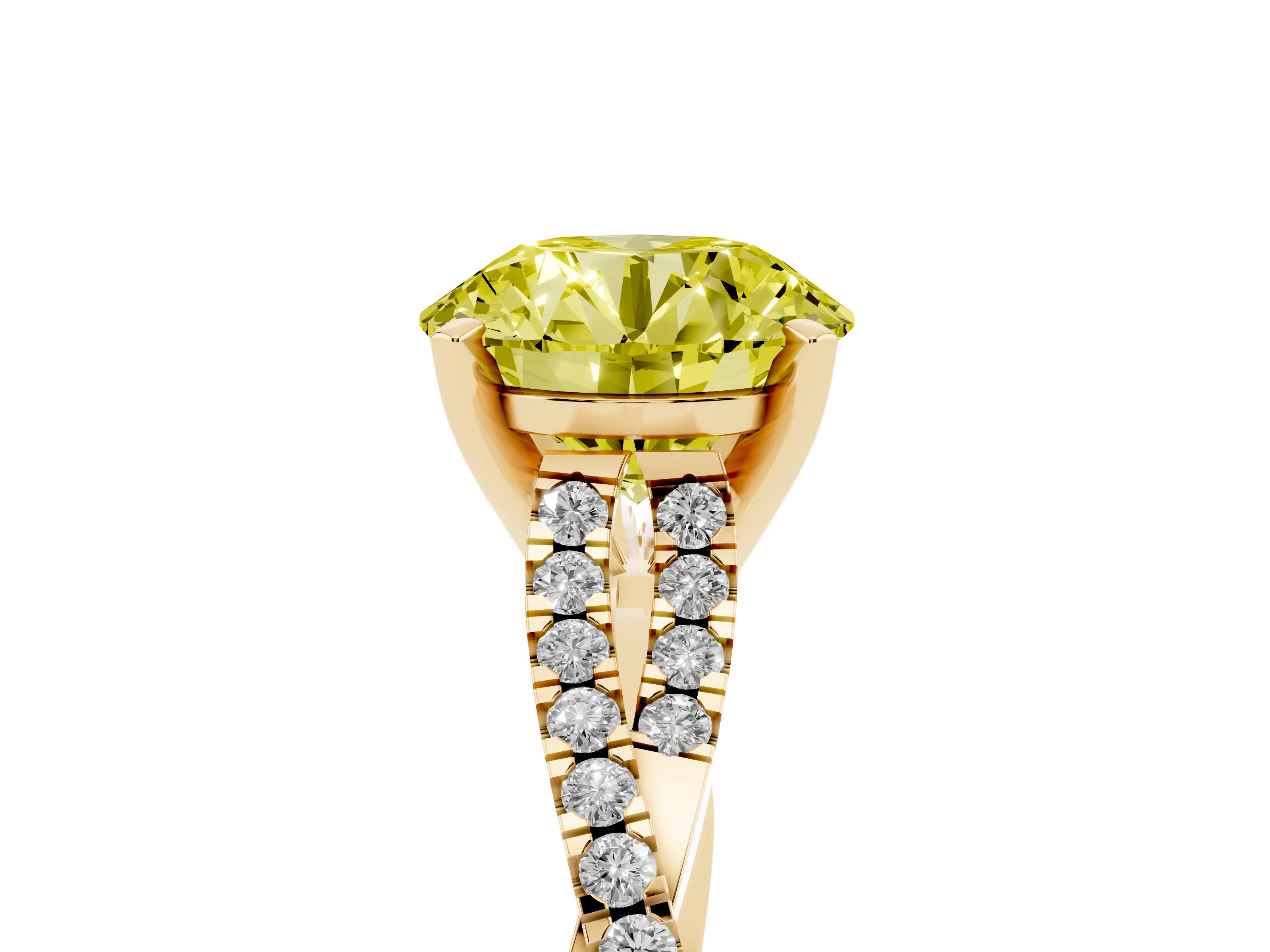 Fancy Yellow Round Cut Diamond Solitaire Engagement Ring Set in Yellow gold with Twisted Pavé Band and Prong Setting