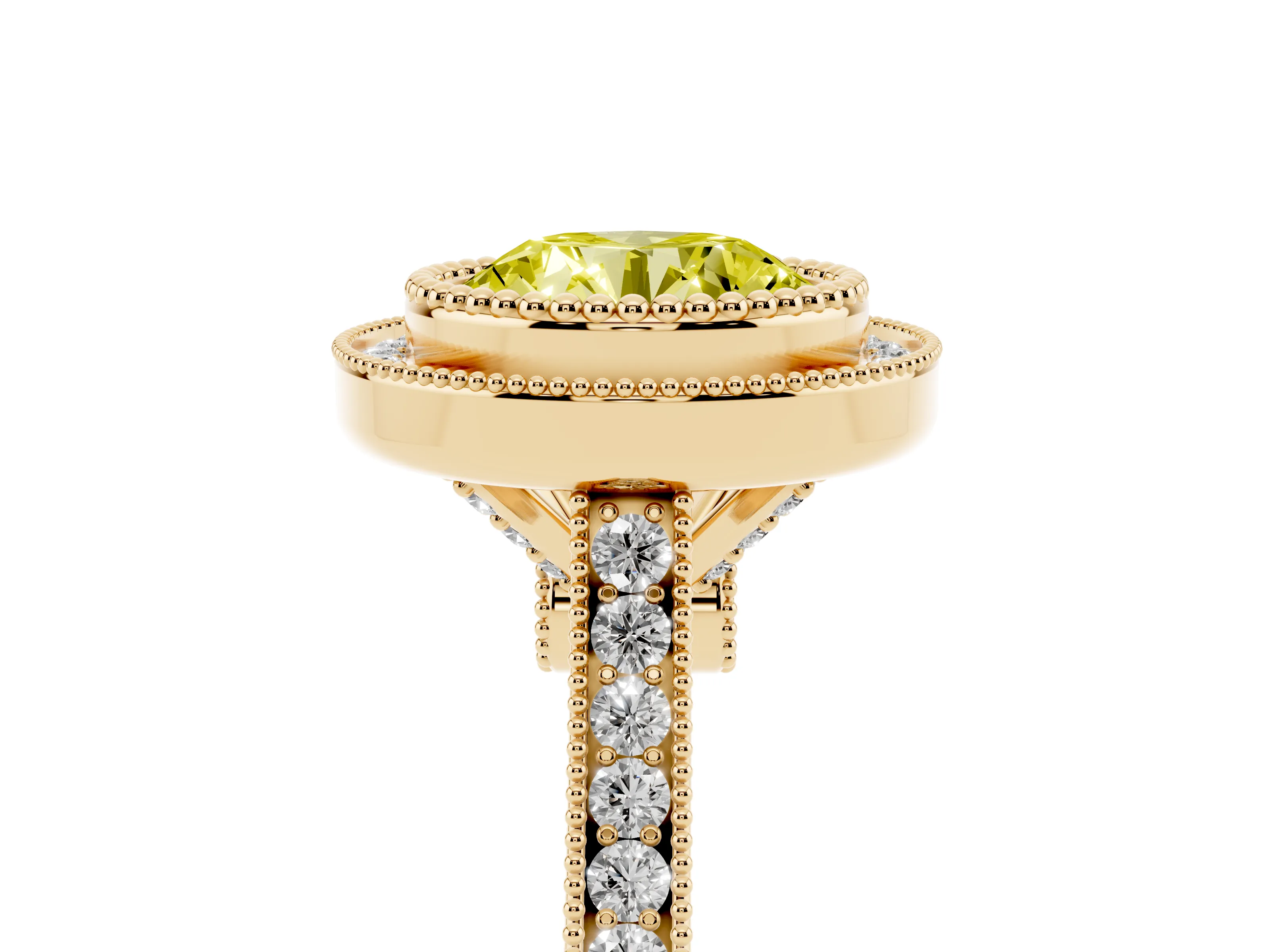 Fancy Yellow Round Cut Diamond Halo Ring Set in Yellow gold with Milgrain Frame and Pavé Band