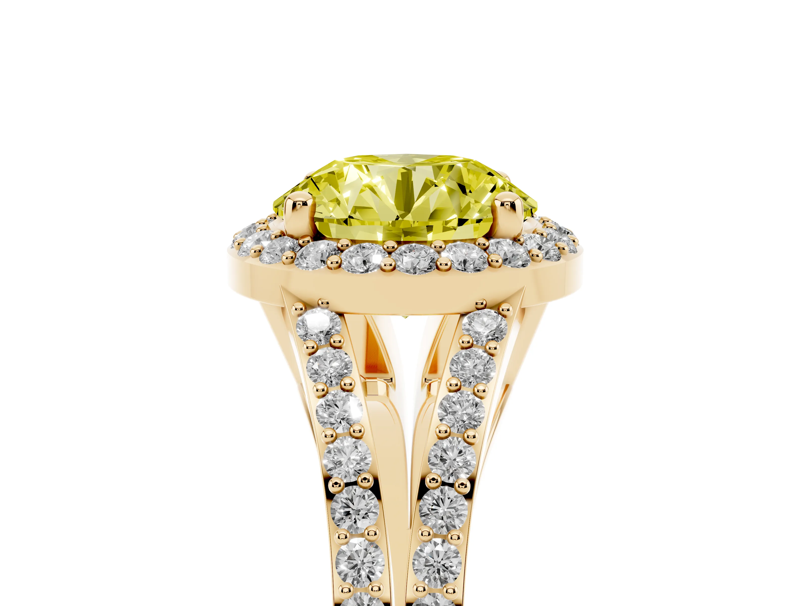 Fancy Yellow Round Cut Diamond Halo Split Shank Pavé Ring Set in Yellow gold with Prong Setting