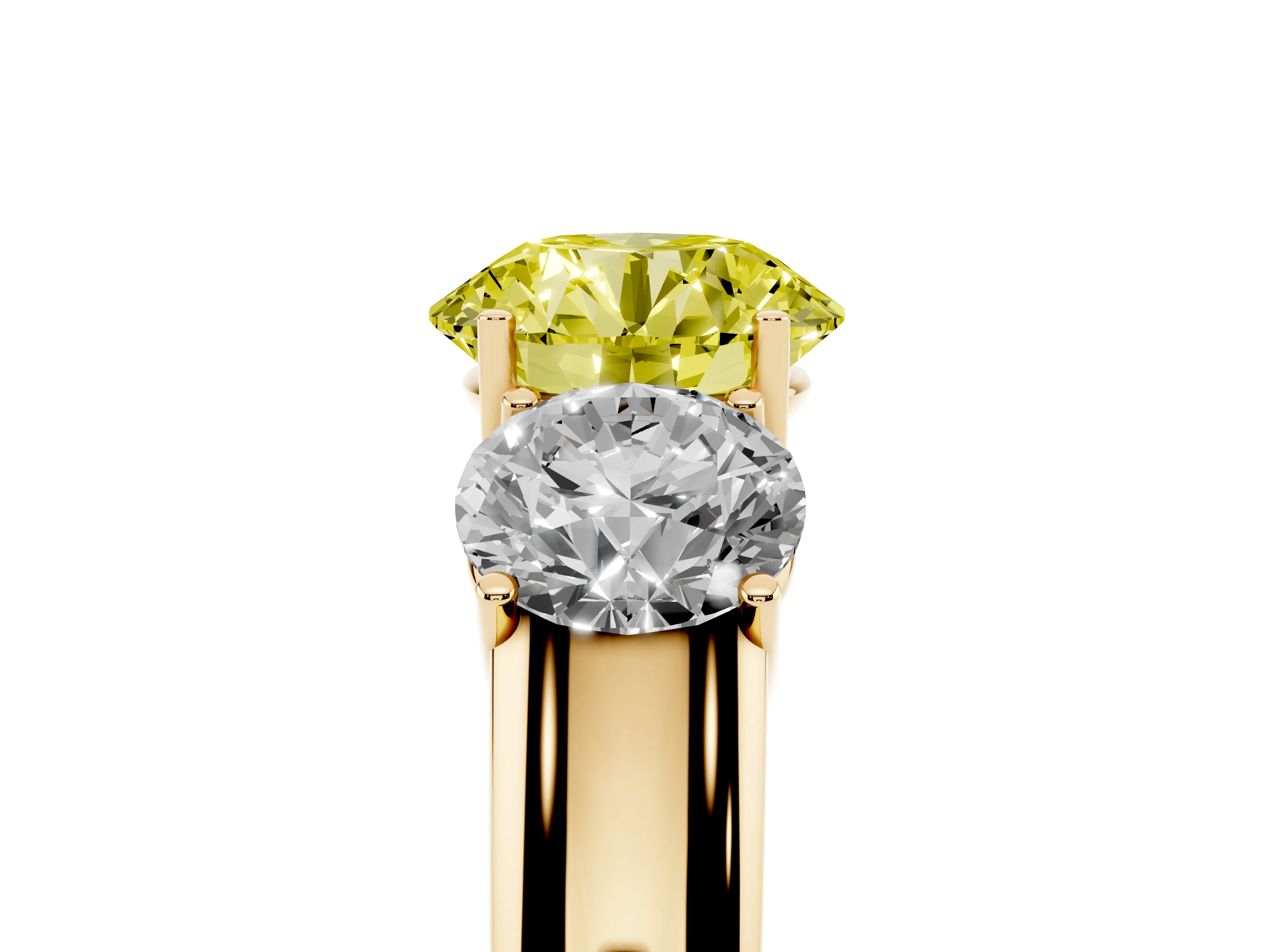 Fancy Yellow Three-Stone Round Cut Diamond Ring Set in Yellow gold with Matching Prong Settings and Plain Band