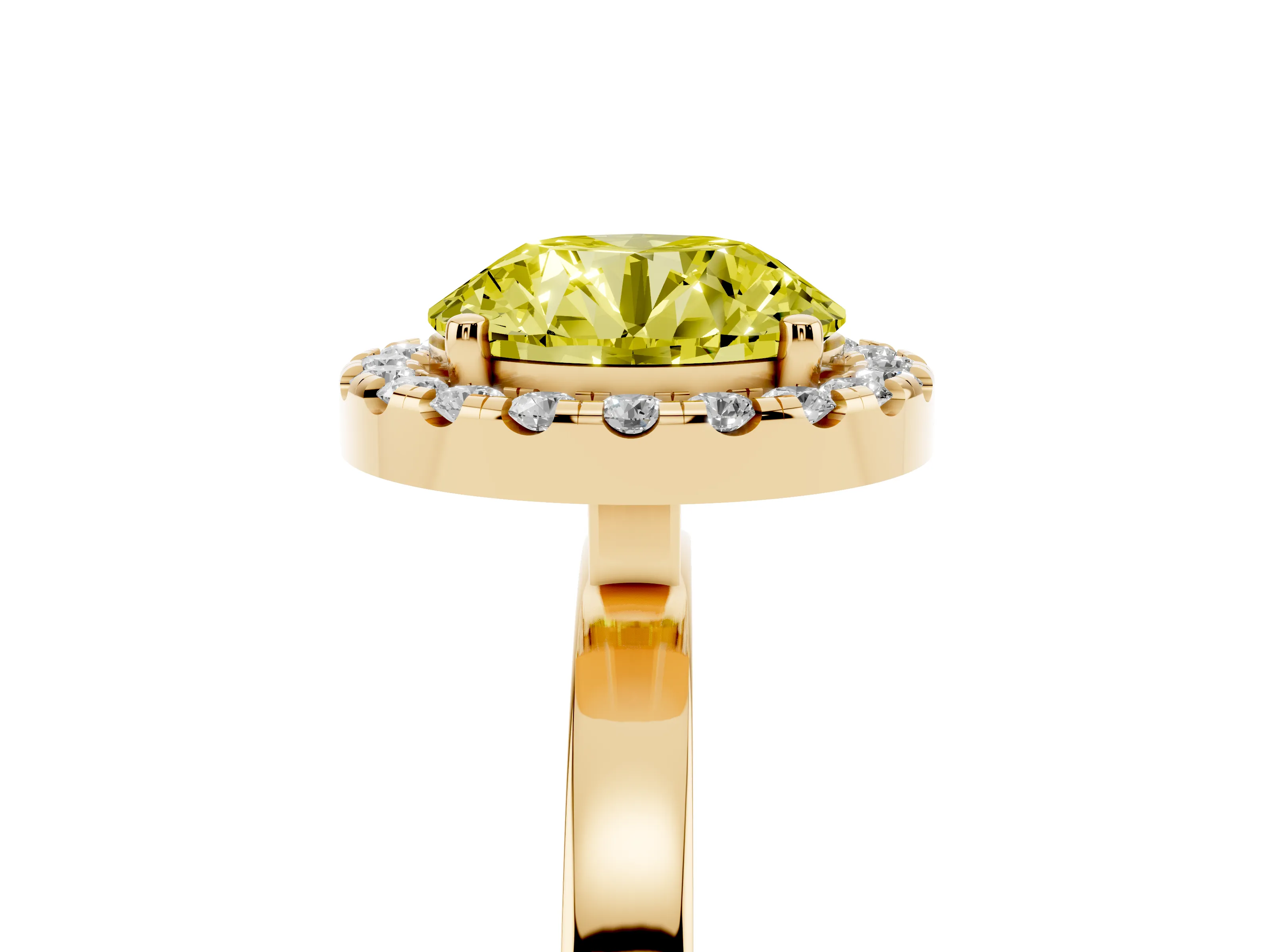 Fancy Yellow Round Cut Diamond Halo Solitaire Ring Set in Yellow gold with Pavé Band and Prong Setting