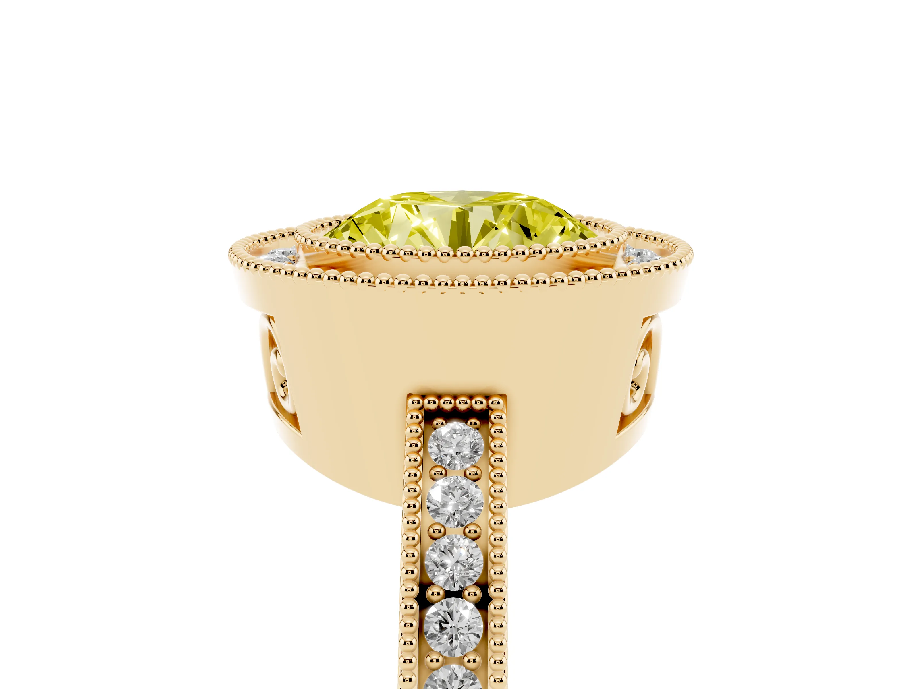 Fancy Yellow Round Cut Diamond Halo Ring Set in Yellow gold with Pavé Band and Milgrain-Edged Prongs