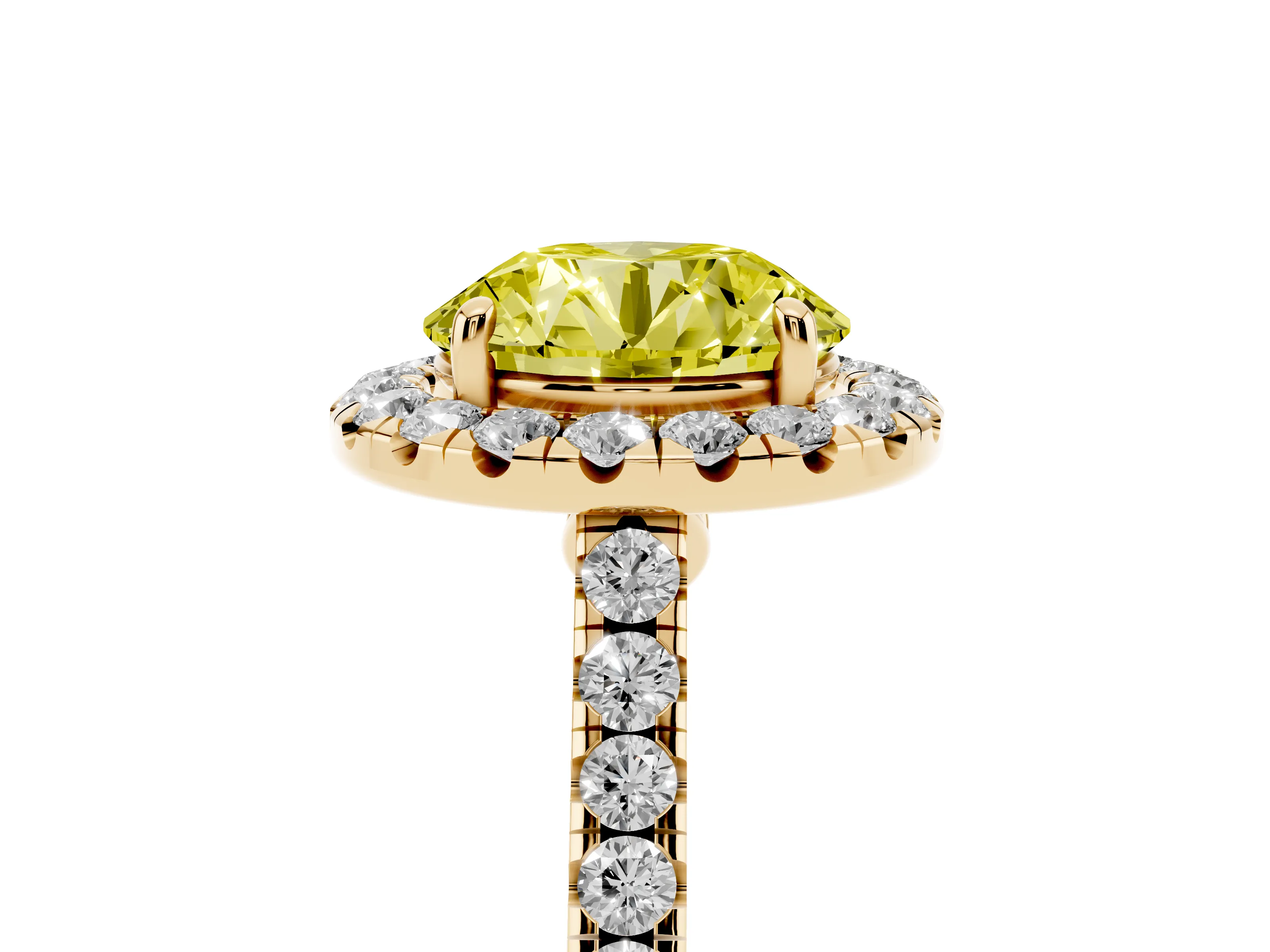 Fancy Yellow Round Cut Diamond Halo Pavé Engagement Ring Set in Yellow gold with Prong Setting
