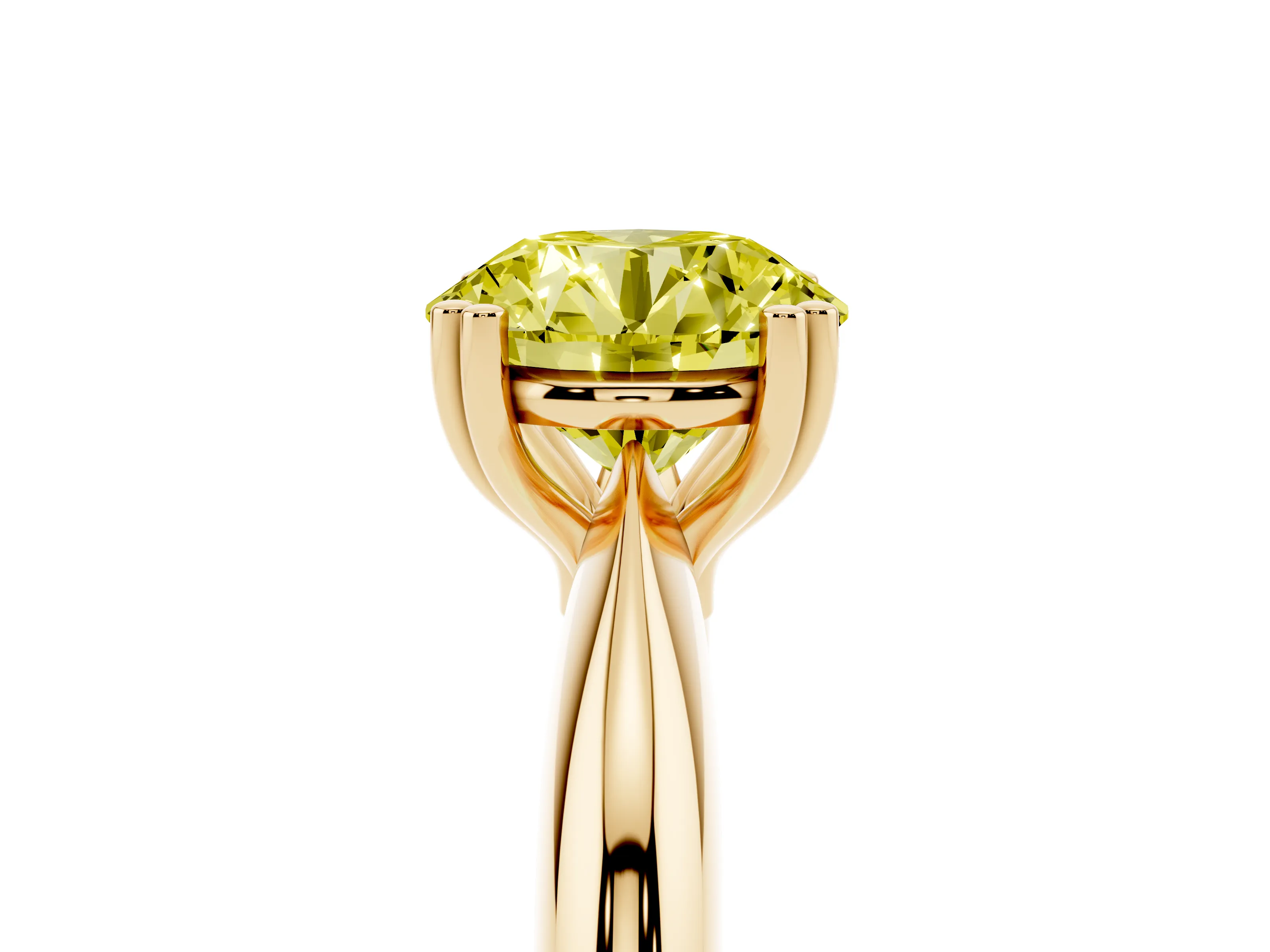 Fancy Yellow Round Cut Diamond Solitaire Engagement Ring Set in Yellow gold with Tapered Band and Prong Setting