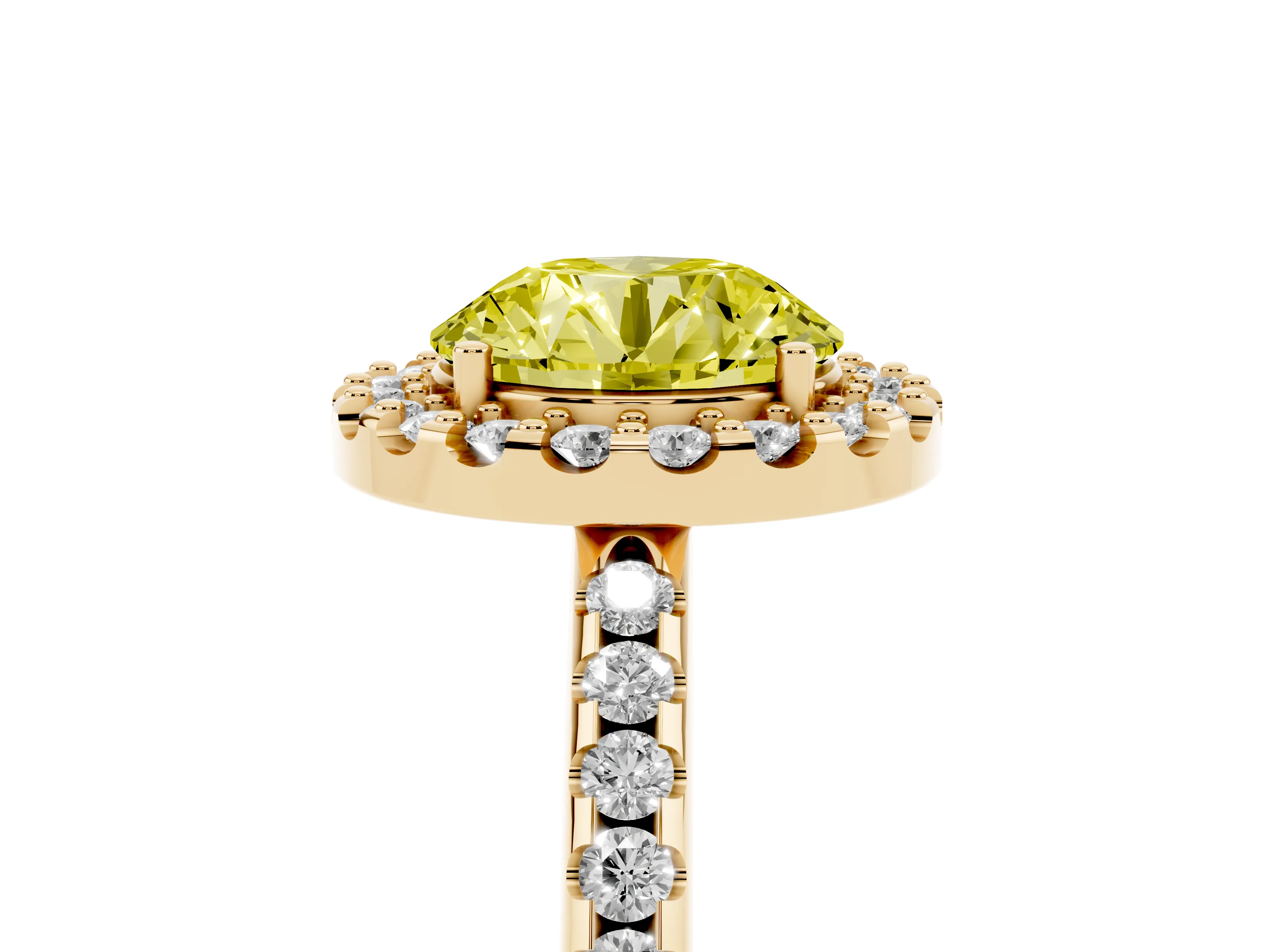 Fancy Yellow Round Cut Diamond Pavé Halo Ring Set in Yellow gold with Prong Setting