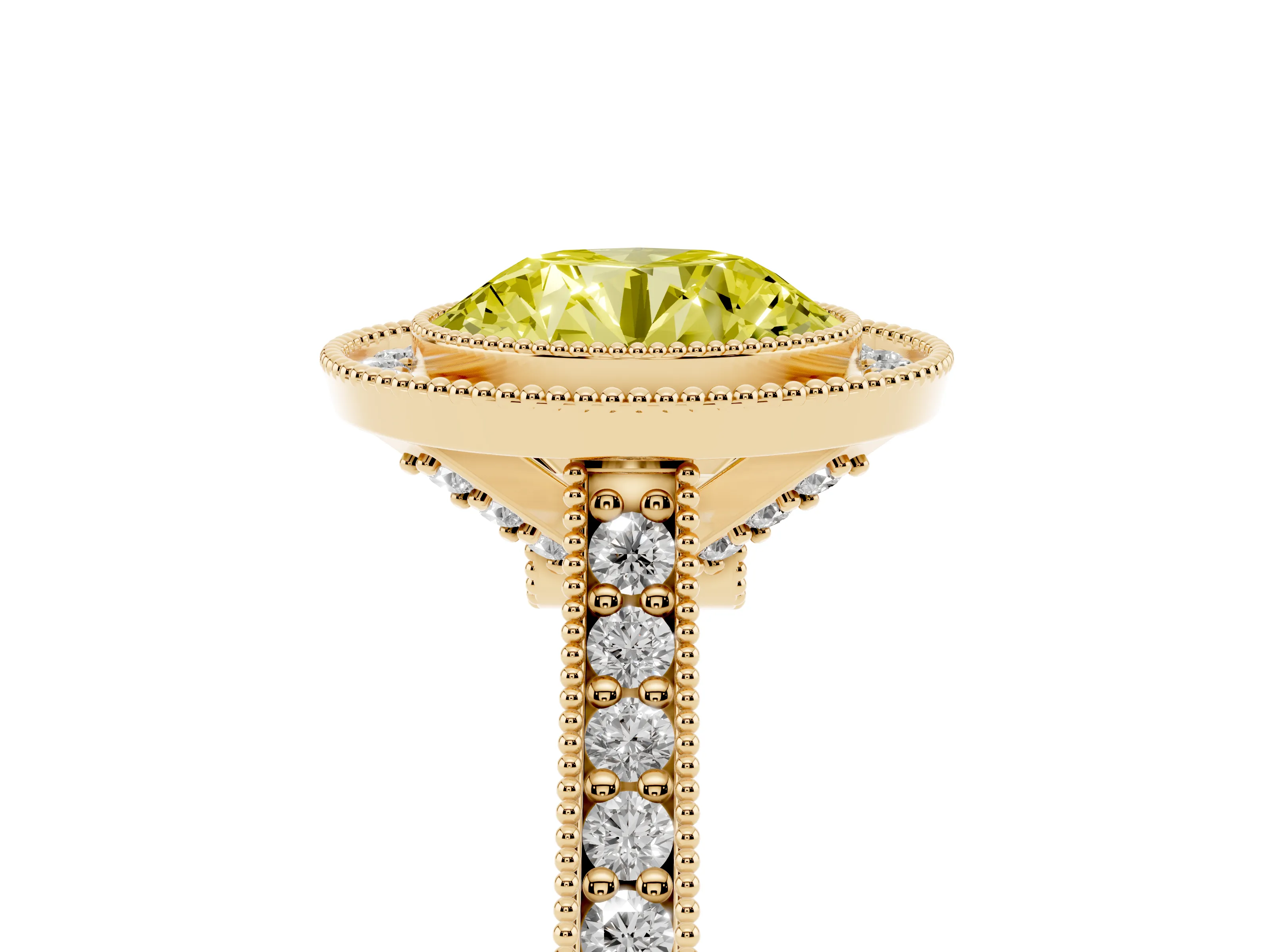 Fancy Yellow Round Cut Diamond Halo Milgrain Pavé Band Ring Set in Yellow gold with Prong Setting