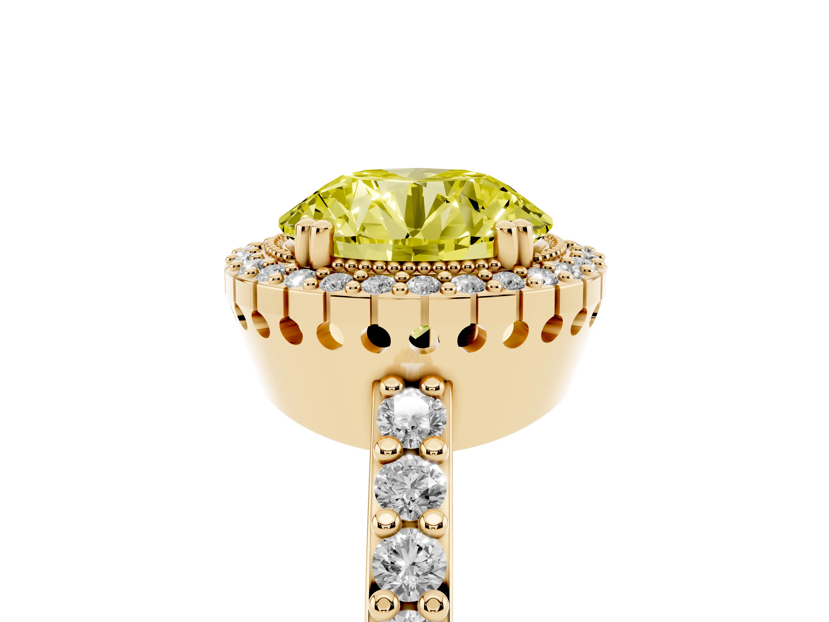 Fancy Yellow Round Cut Diamond Halo Engagement Ring Set in Yellow gold with Milgrain Detail and Pavé Band