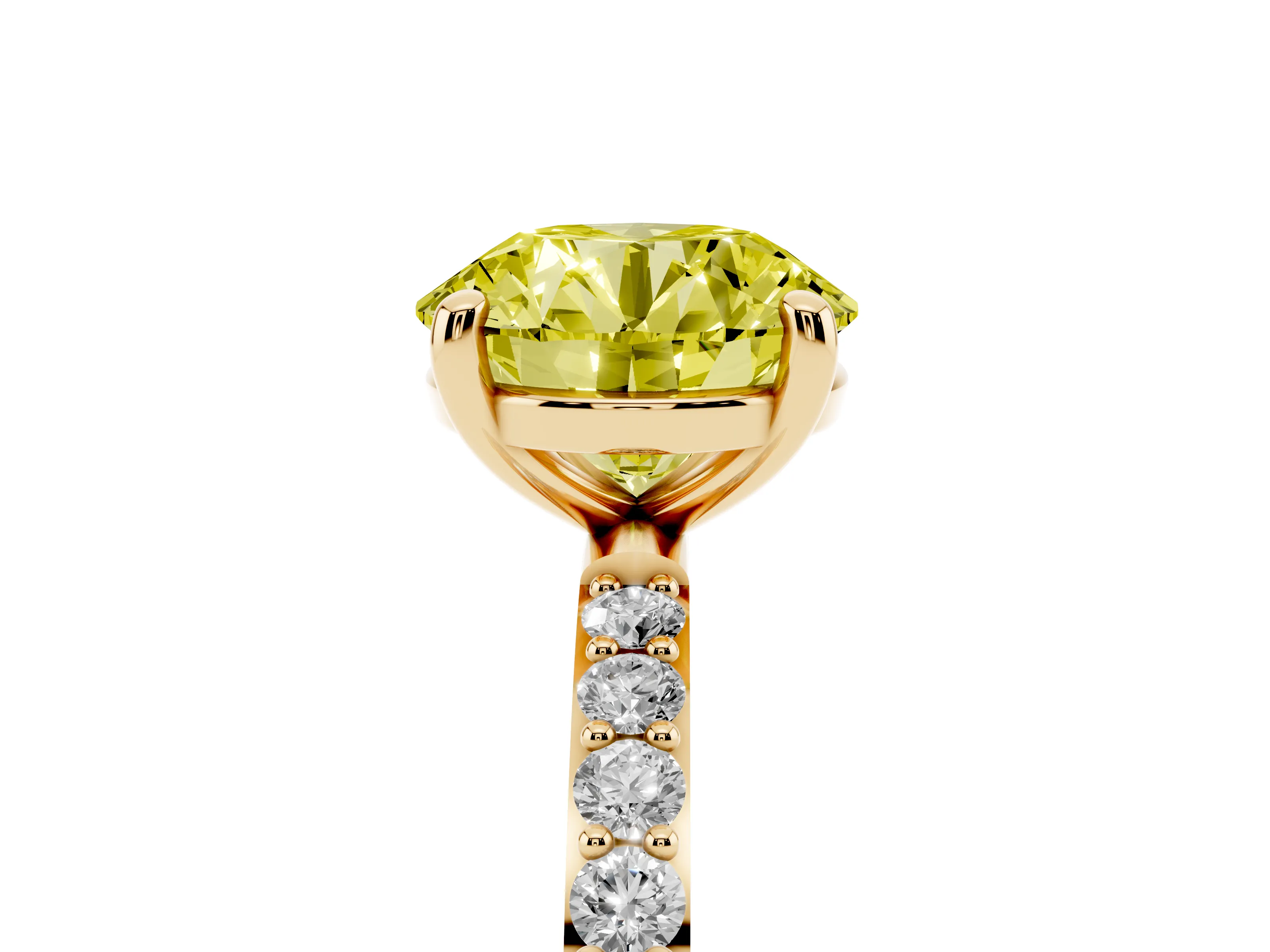 Fancy Yellow Round Cut Diamond Solitaire Ring Set in Yellow gold with Round Pavé Band and Prong Setting