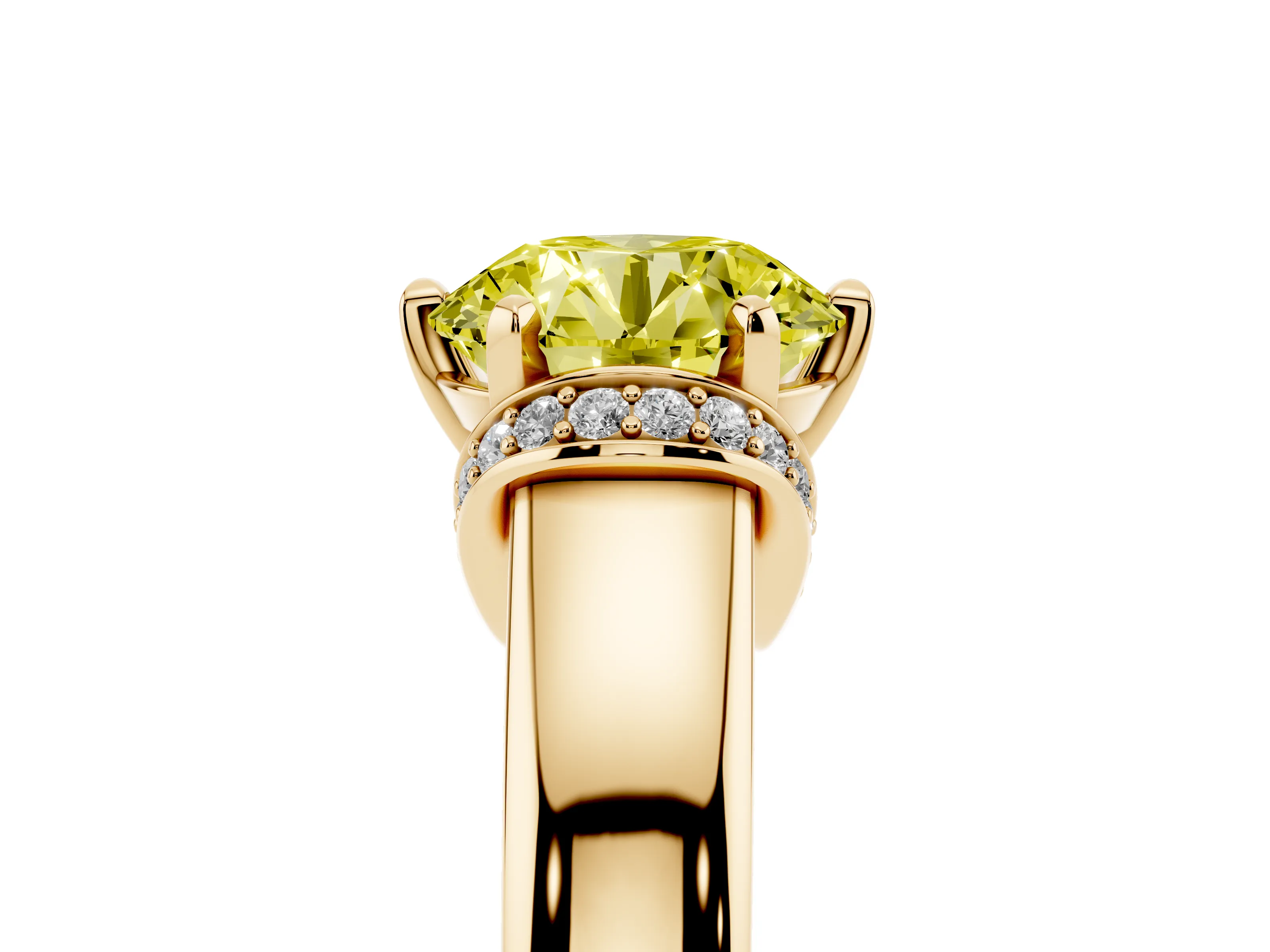 Fancy Yellow Round Cut Diamond Pavé Band Solitaire Ring Set in Yellow gold with Prong Setting