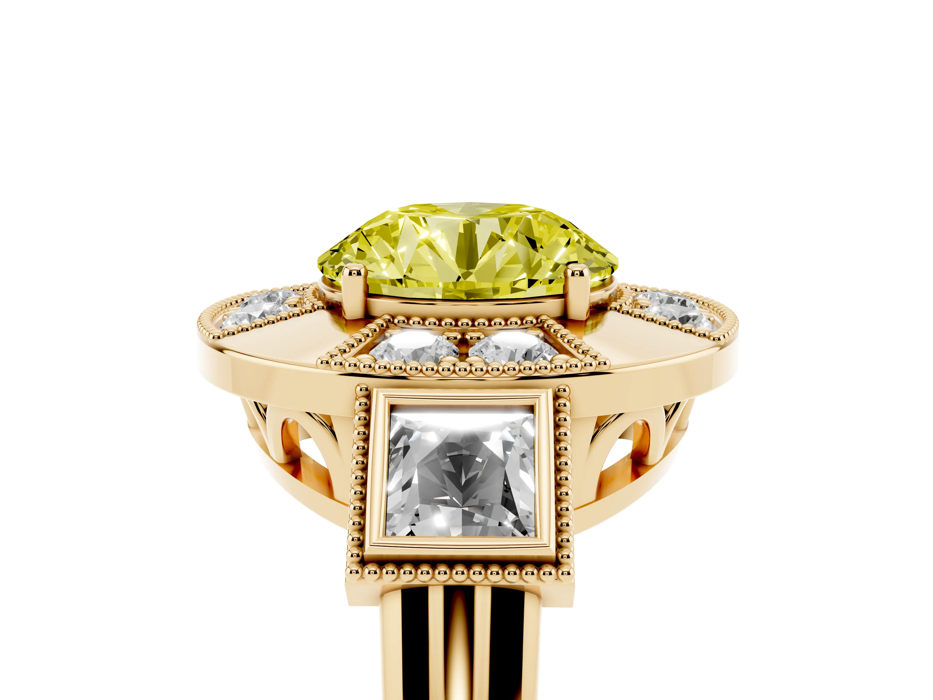 Fancy Yellow Round Cut Diamond Milgrain Halo Ring Set in Yellow gold with Split Shank