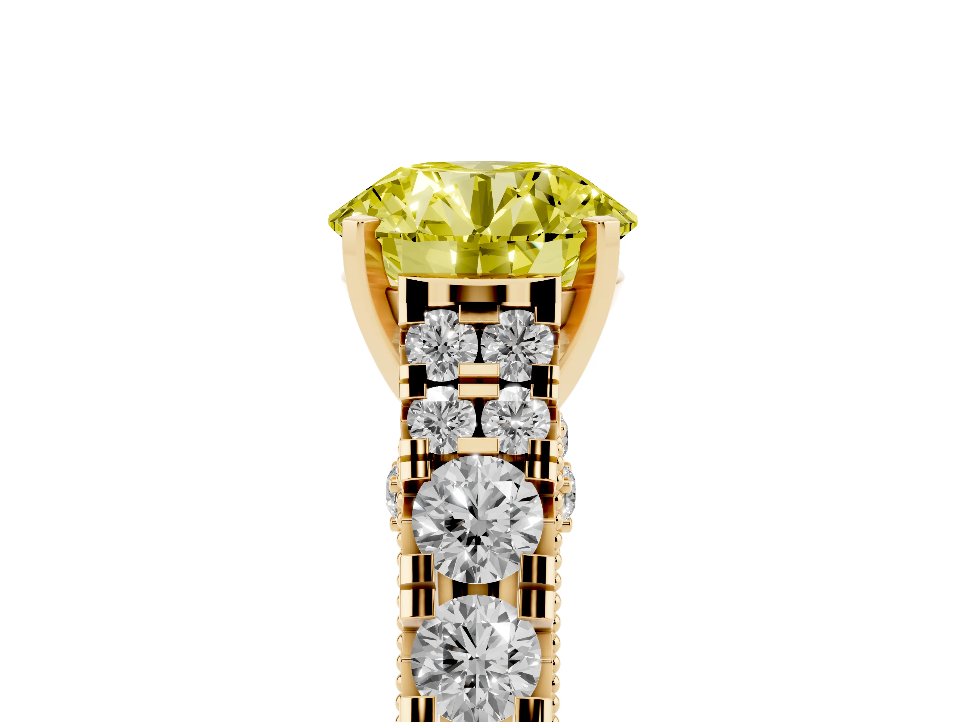 Fancy Yellow Round Cut Diamond Classic Solitaire Ring Set in Yellow gold with Pavé Band and Prong Setting