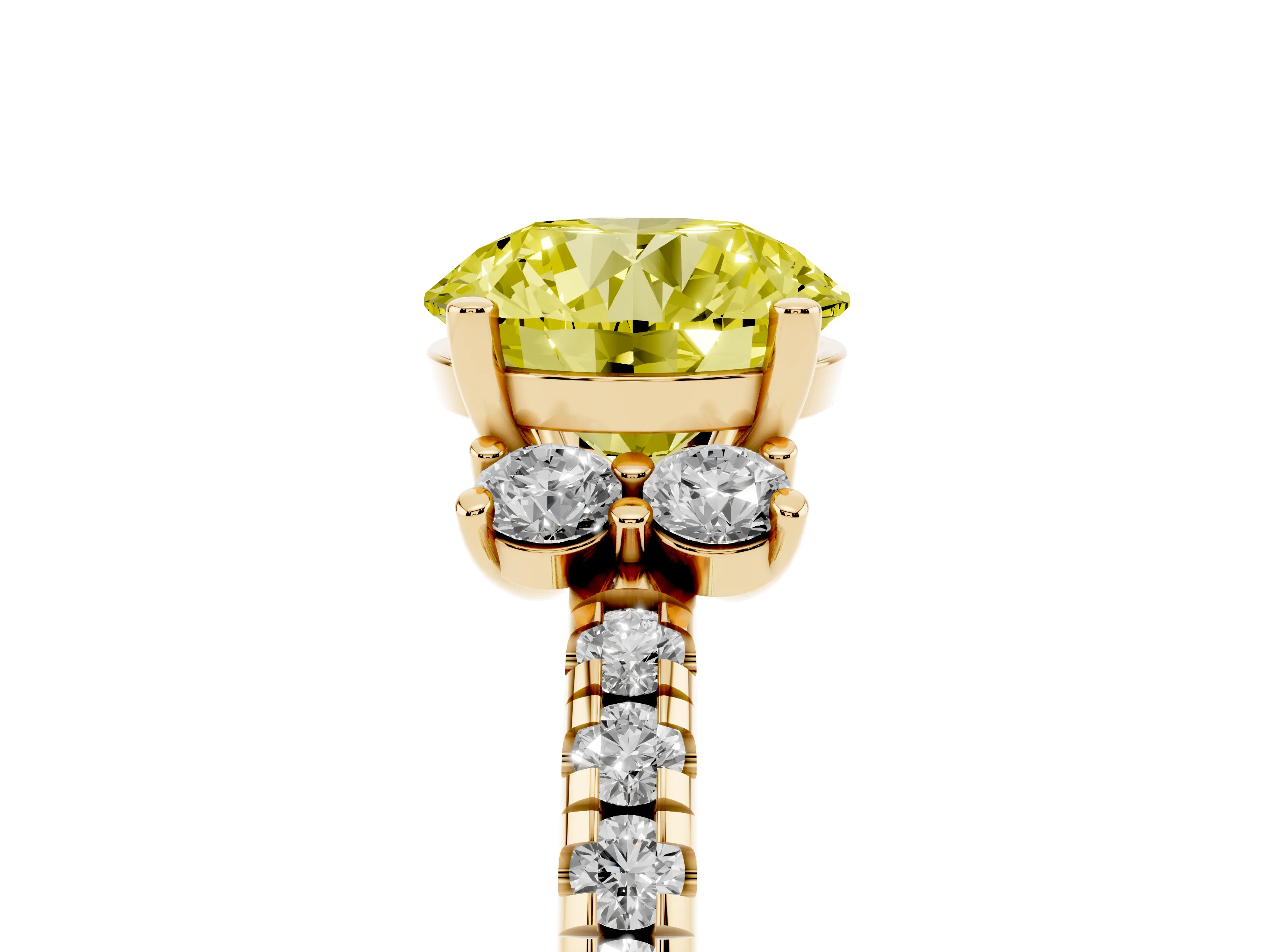 Fancy Yellow Round Cut Diamond Three-Stone Pavé Ring Set in Yellow gold with Prong Setting