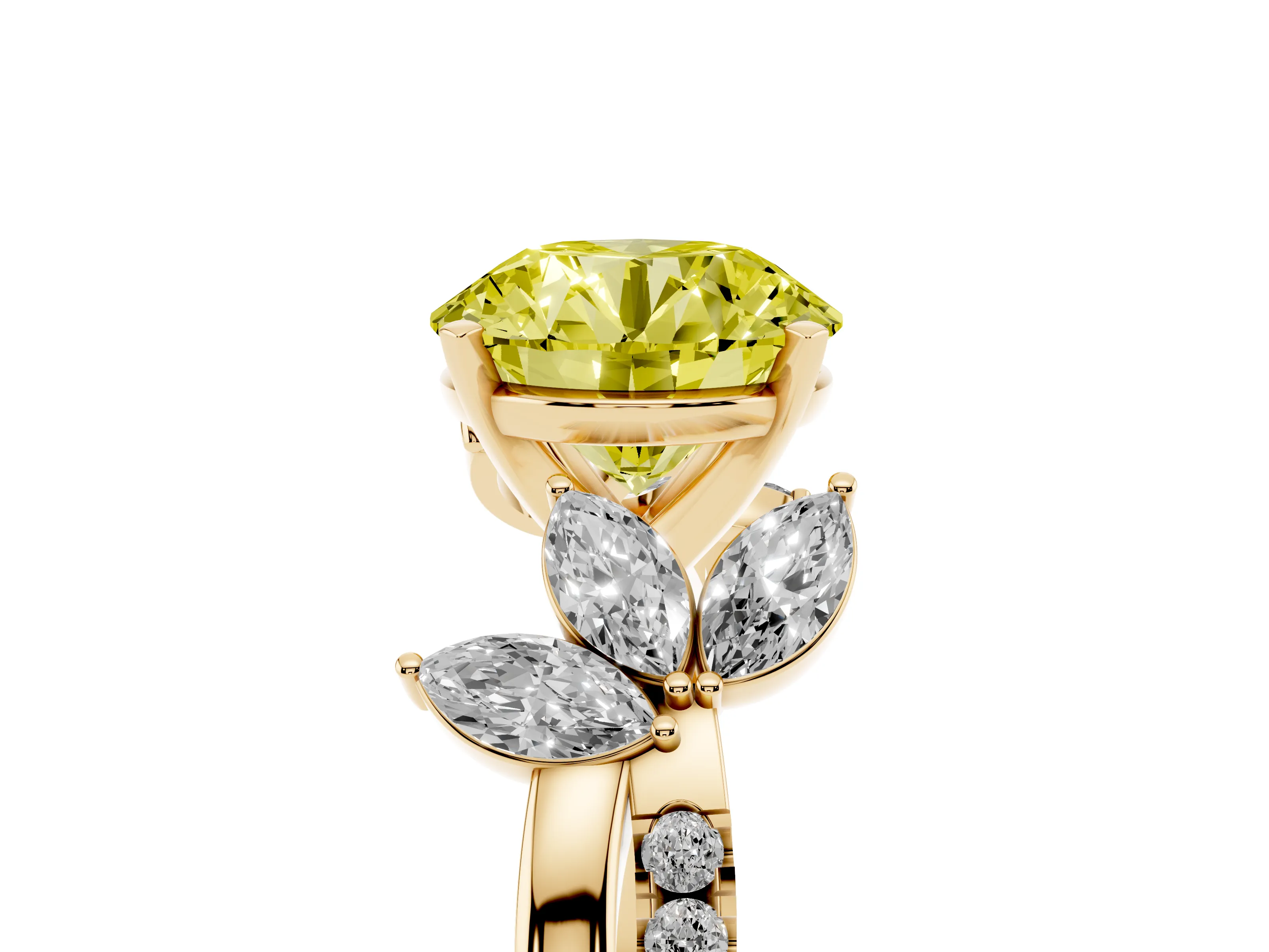Fancy Yellow Round Cut Diamond Floral Vine Solitaire Engagement Ring Set in Yellow gold with Marquise Leaves