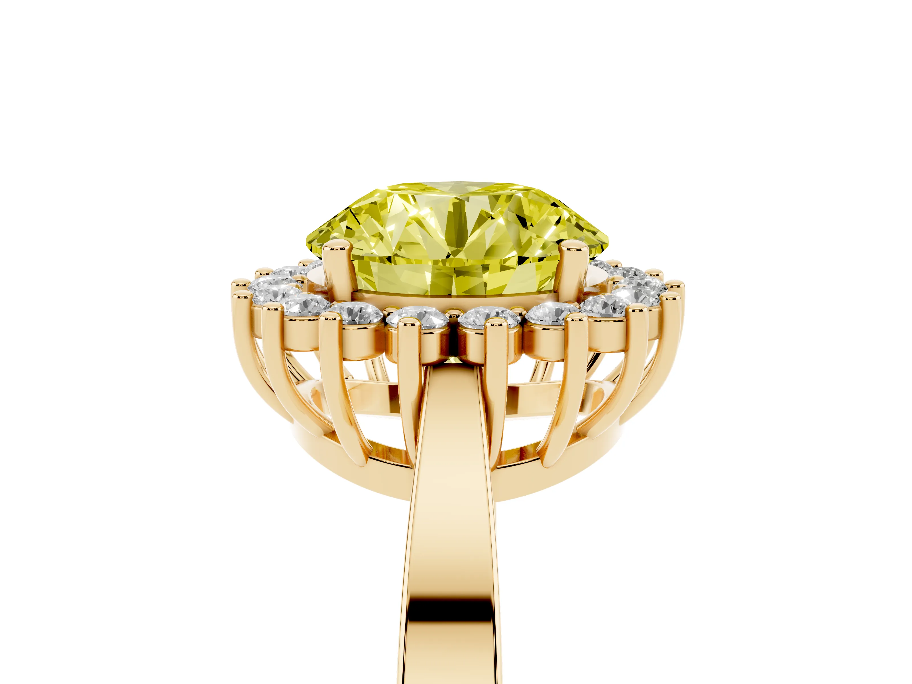 Fancy Yellow Round Cut Diamond Halo Ring Set in Yellow gold with Round Halo and Smooth Solitaire Band