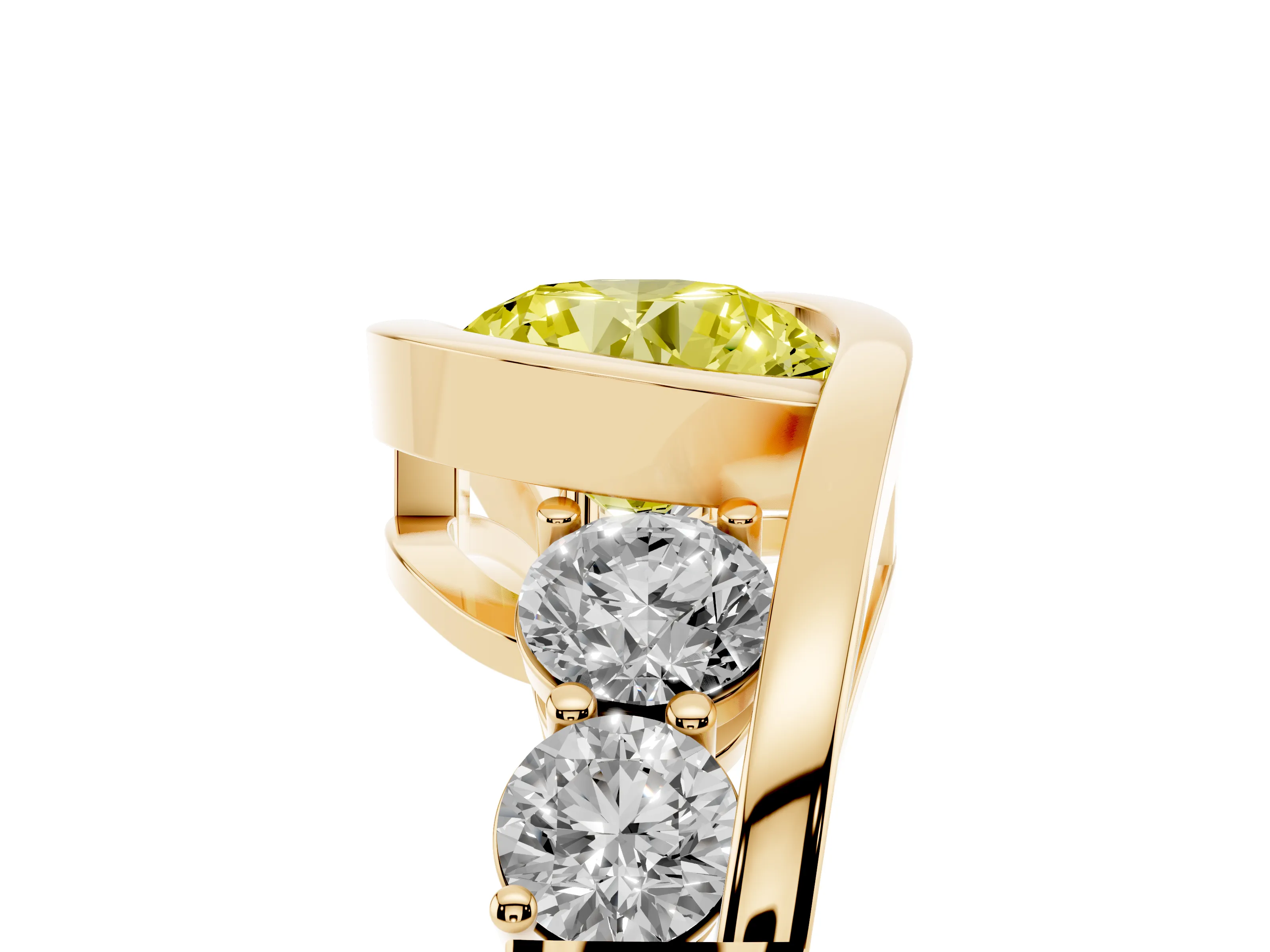 Fancy Yellow Round Cut Diamond Bezel Bypass Ring Set in Yellow gold with Round Accents