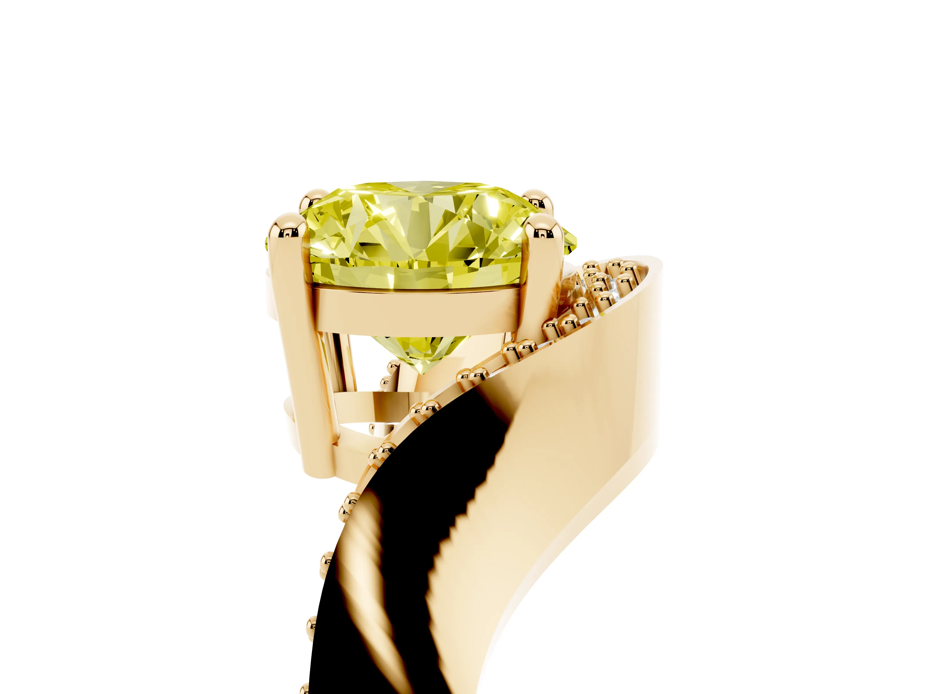 Fancy Yellow Round Cut Diamond Solitaire Engagement Ring Set in Yellow gold with Pavé Shoulders