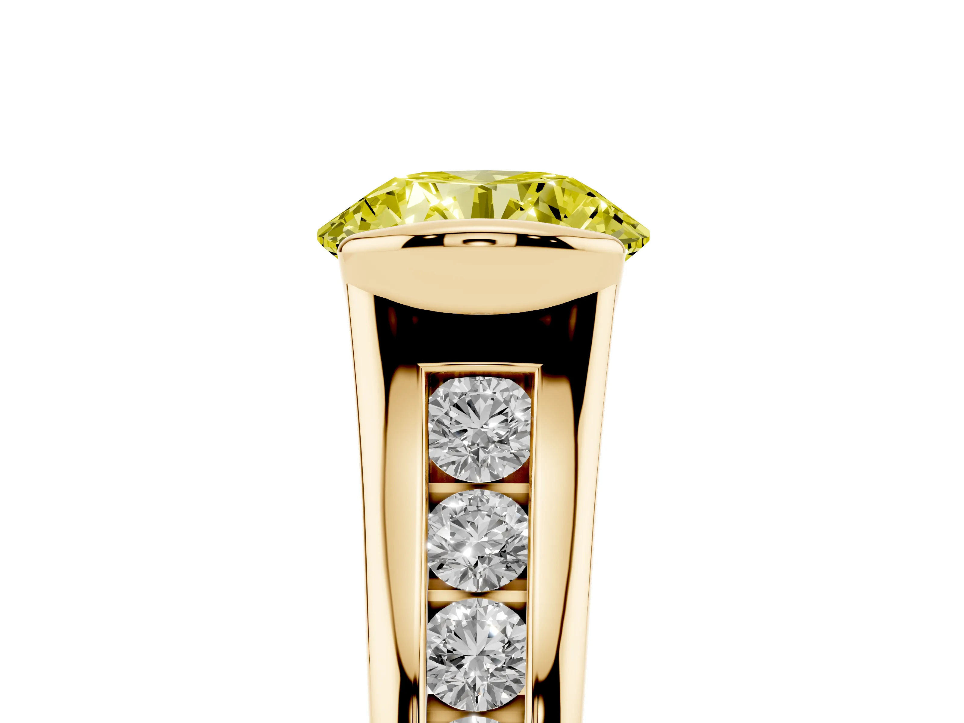 Fancy Yellow Round Cut Diamond Bezel-Set Solitaire Ring Set in Yellow gold with Channel-Set Band