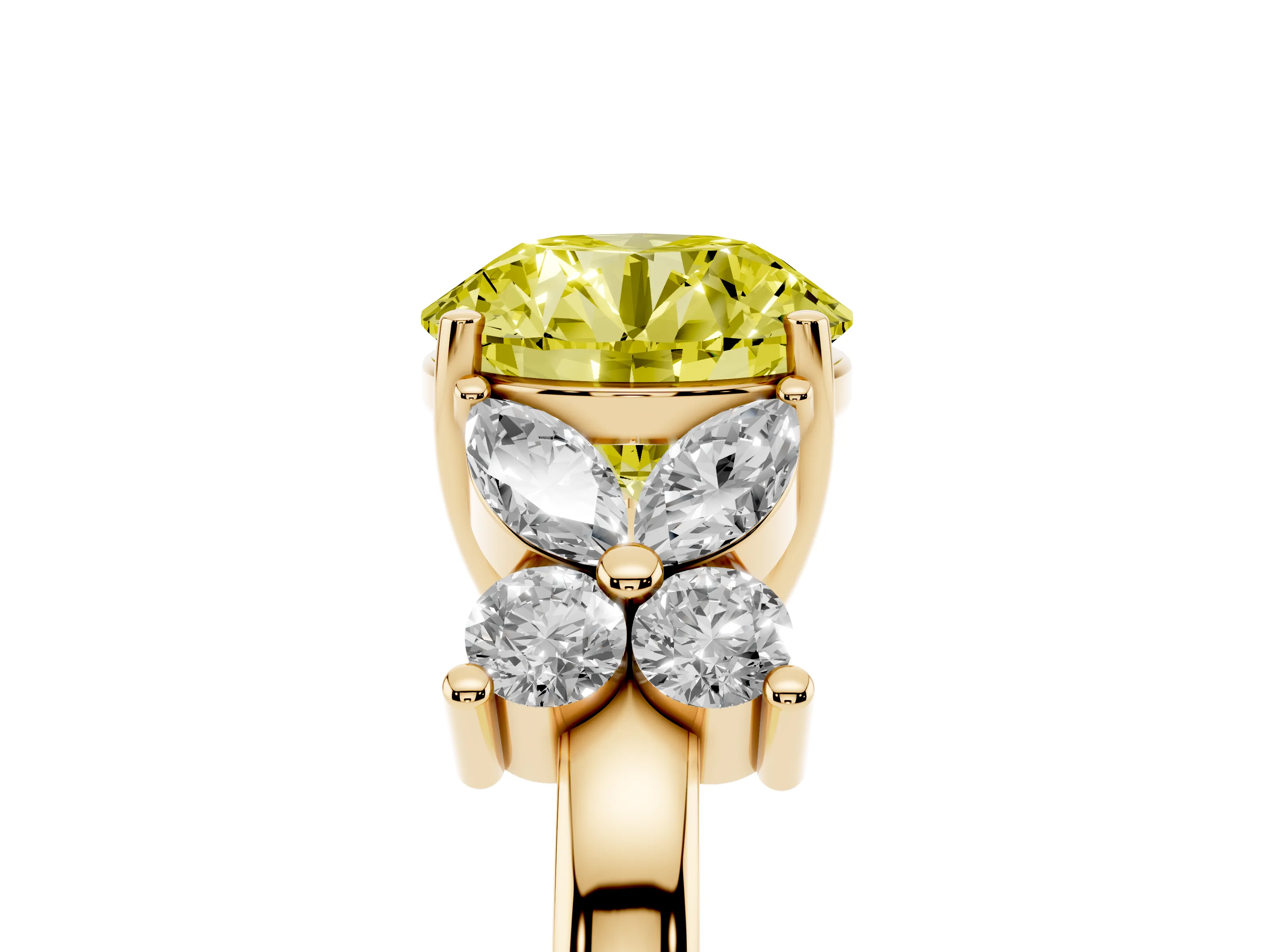 Fancy Yellow Round Cut Diamond Floral Cluster Ring Set in Yellow gold with Marquise Petals and Prong Setting