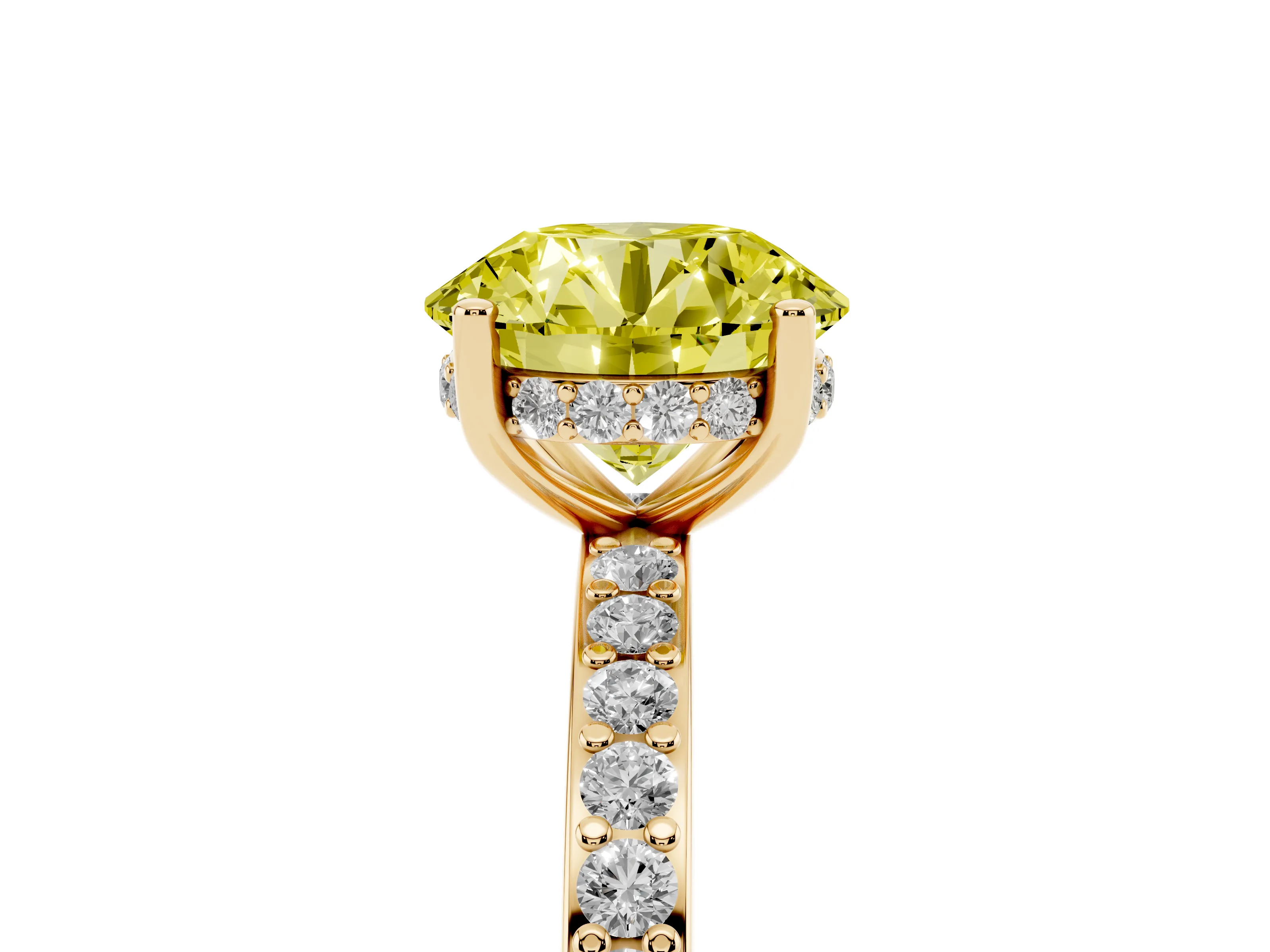 Fancy Yellow Round Cut Diamond Pavé Band Ring Set in Yellow gold with Prong-Set Center Stone