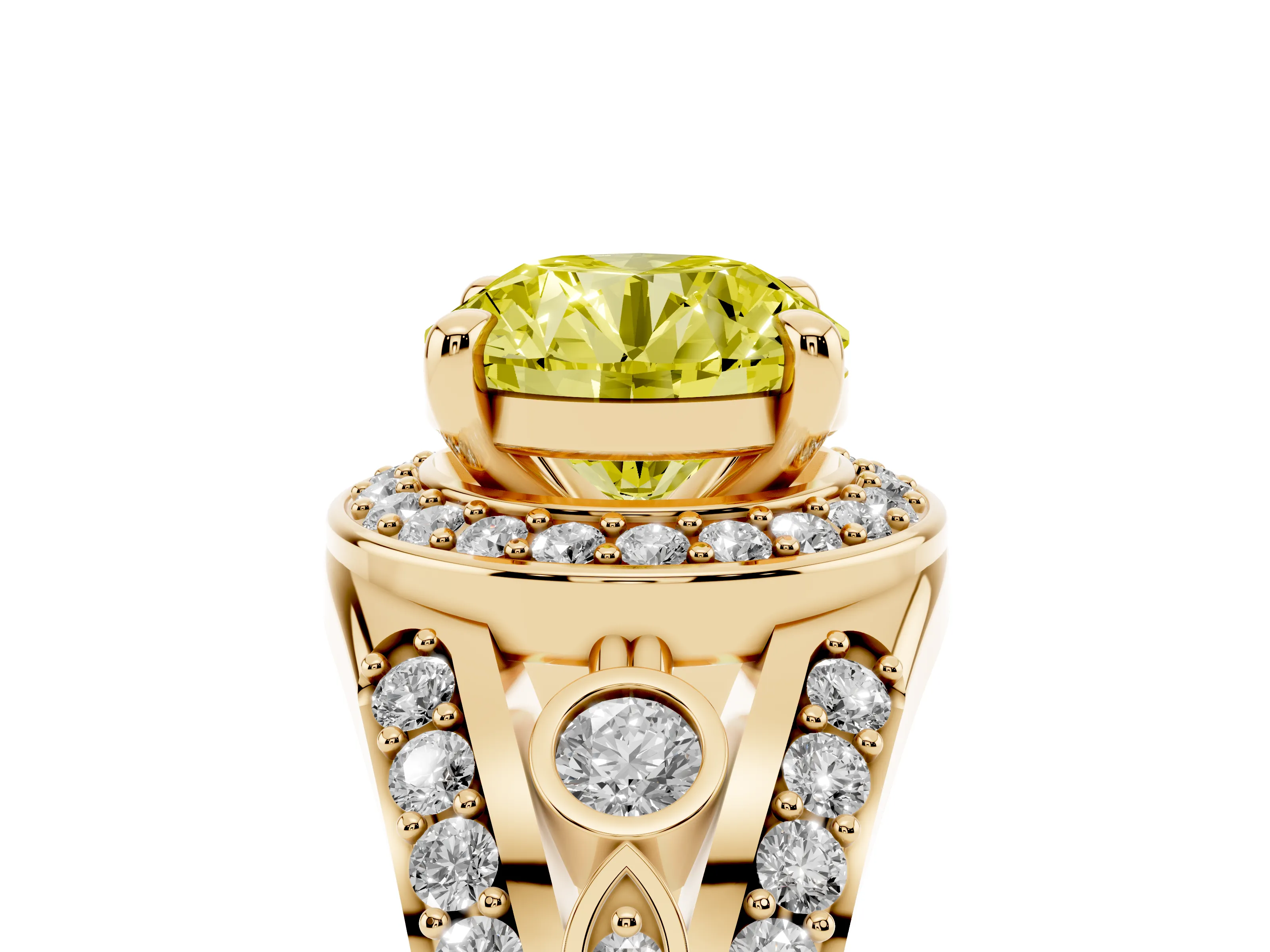 Fancy Yellow Round Cut Diamond Halo Ring Set in Yellow gold with Pavé Split Shank and Bezel Accents