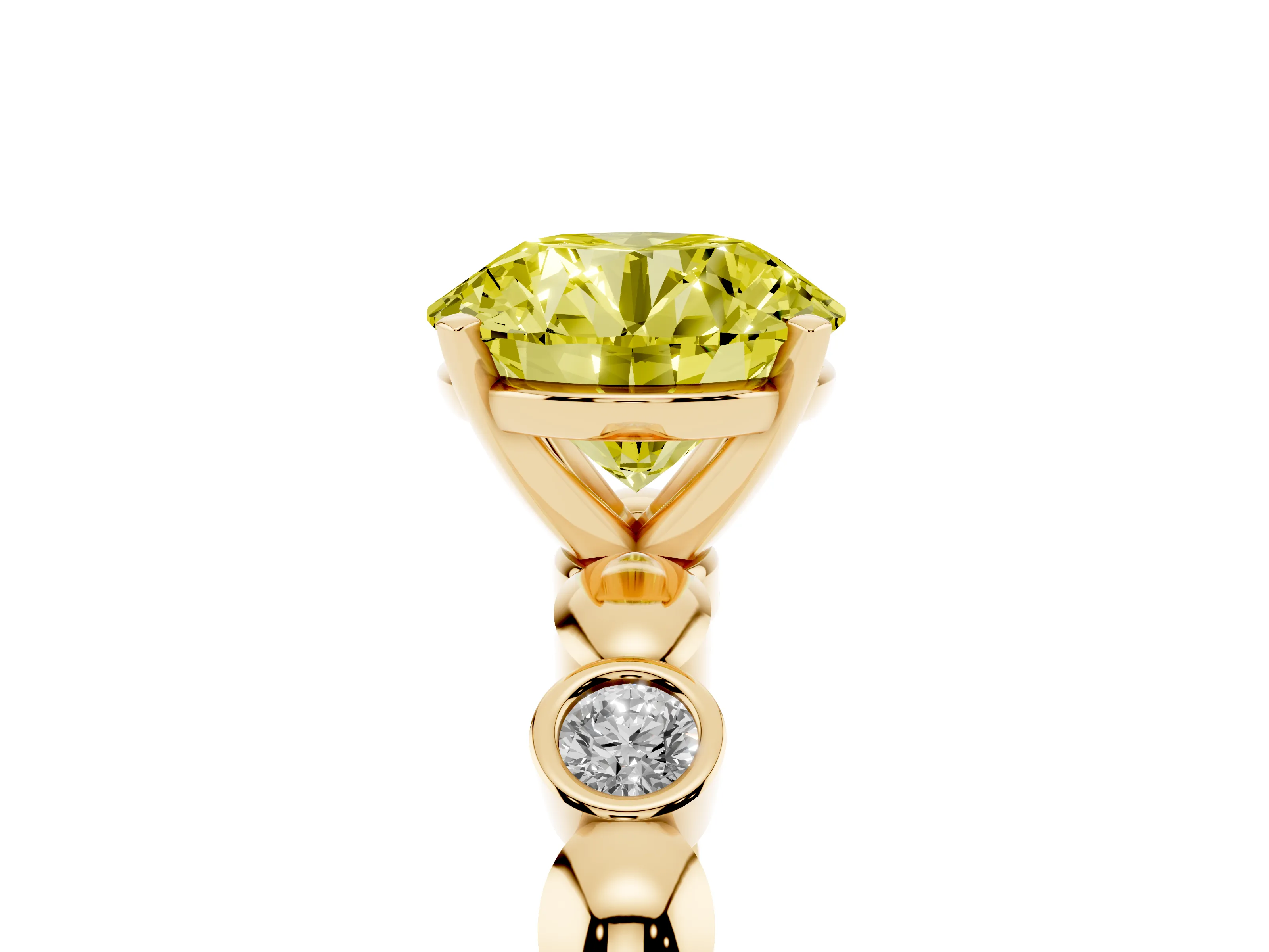 Fancy Yellow Round Cut Diamond Solitaire Ring Set in Yellow gold with Bezel-Set Accents on Beaded Band and Prong Setting
