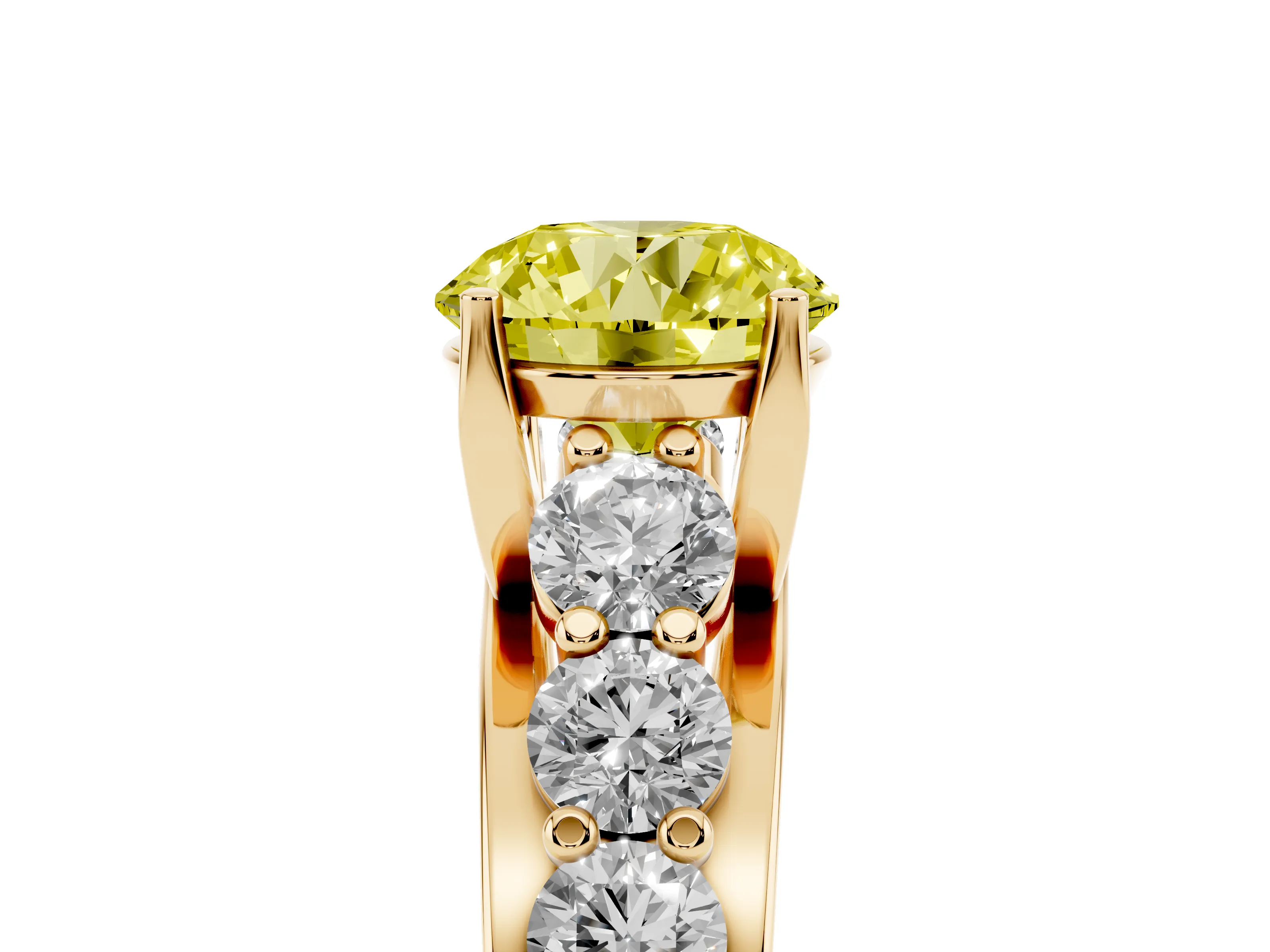 Fancy Yellow Round Cut Diamond Pavé Engagement Ring Set in Yellow gold with Prong Setting