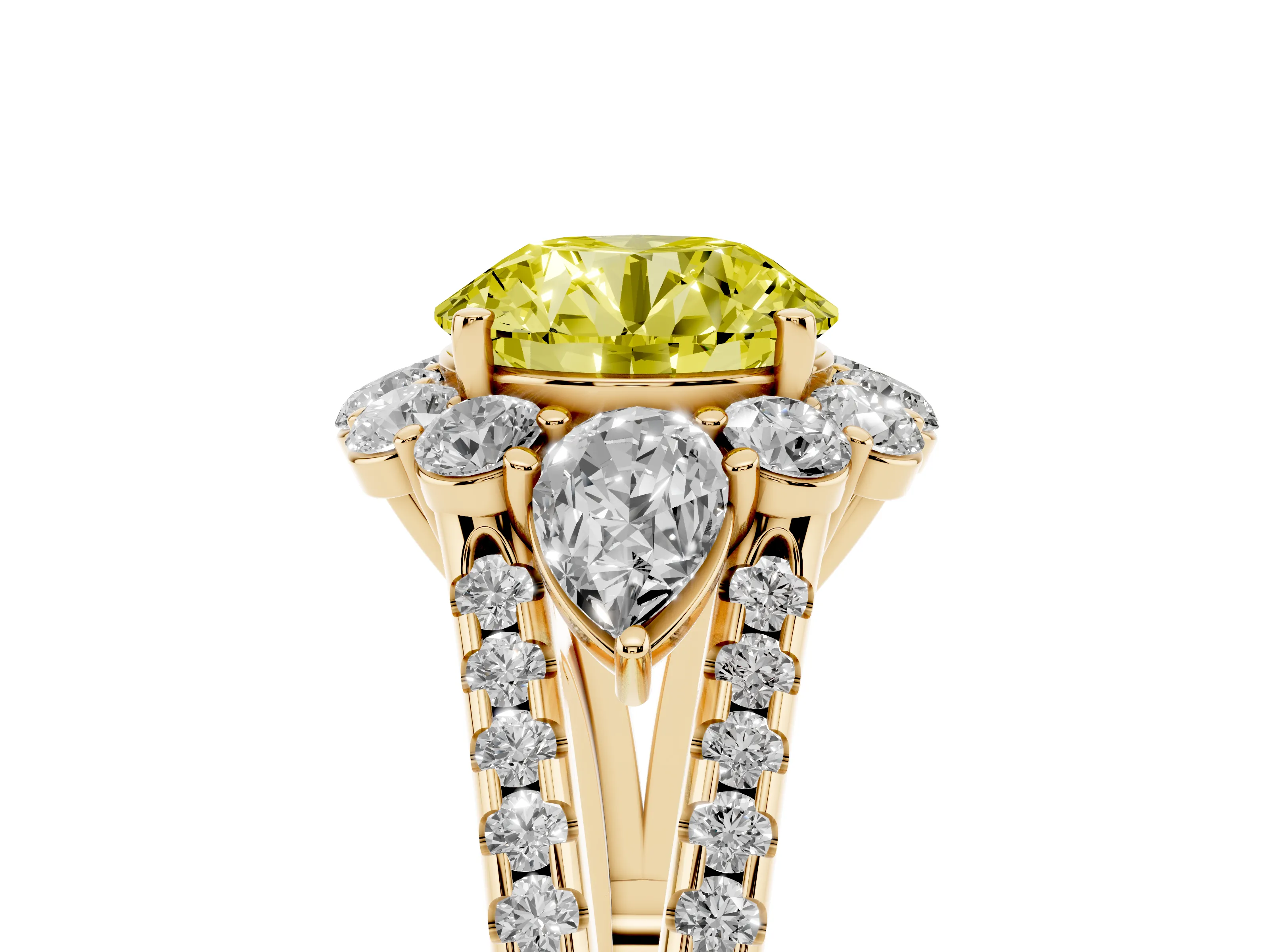 Fancy Yellow Round Cut Diamond Halo Split Shank Engagement Ring Set in Yellow gold with Prong-Held Center Stone