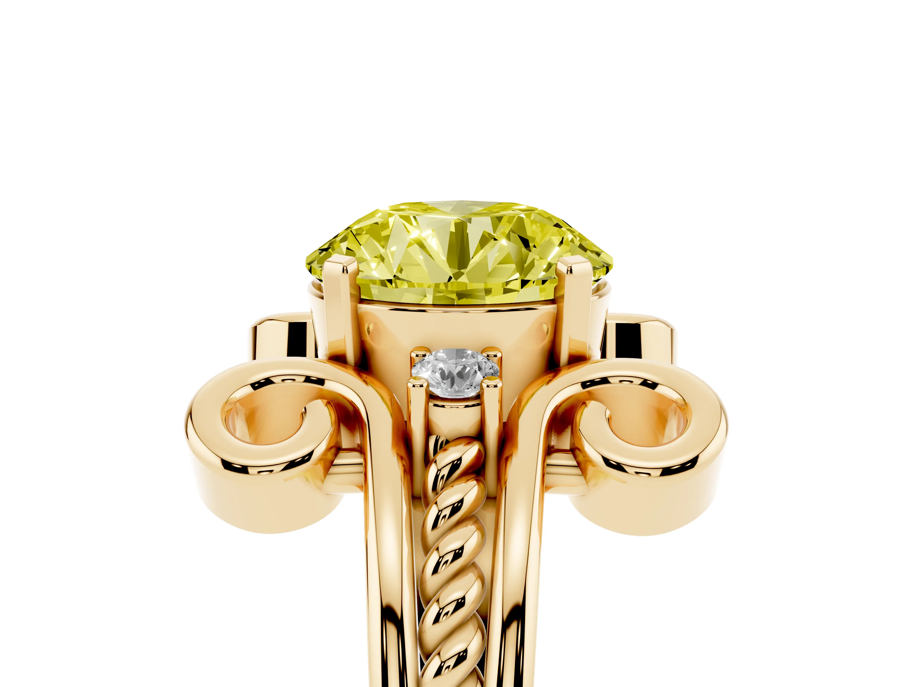 Fancy Yellow Round Cut Diamond Twisted Band Solitaire Ring Set in Yellow gold with Scroll Prongs