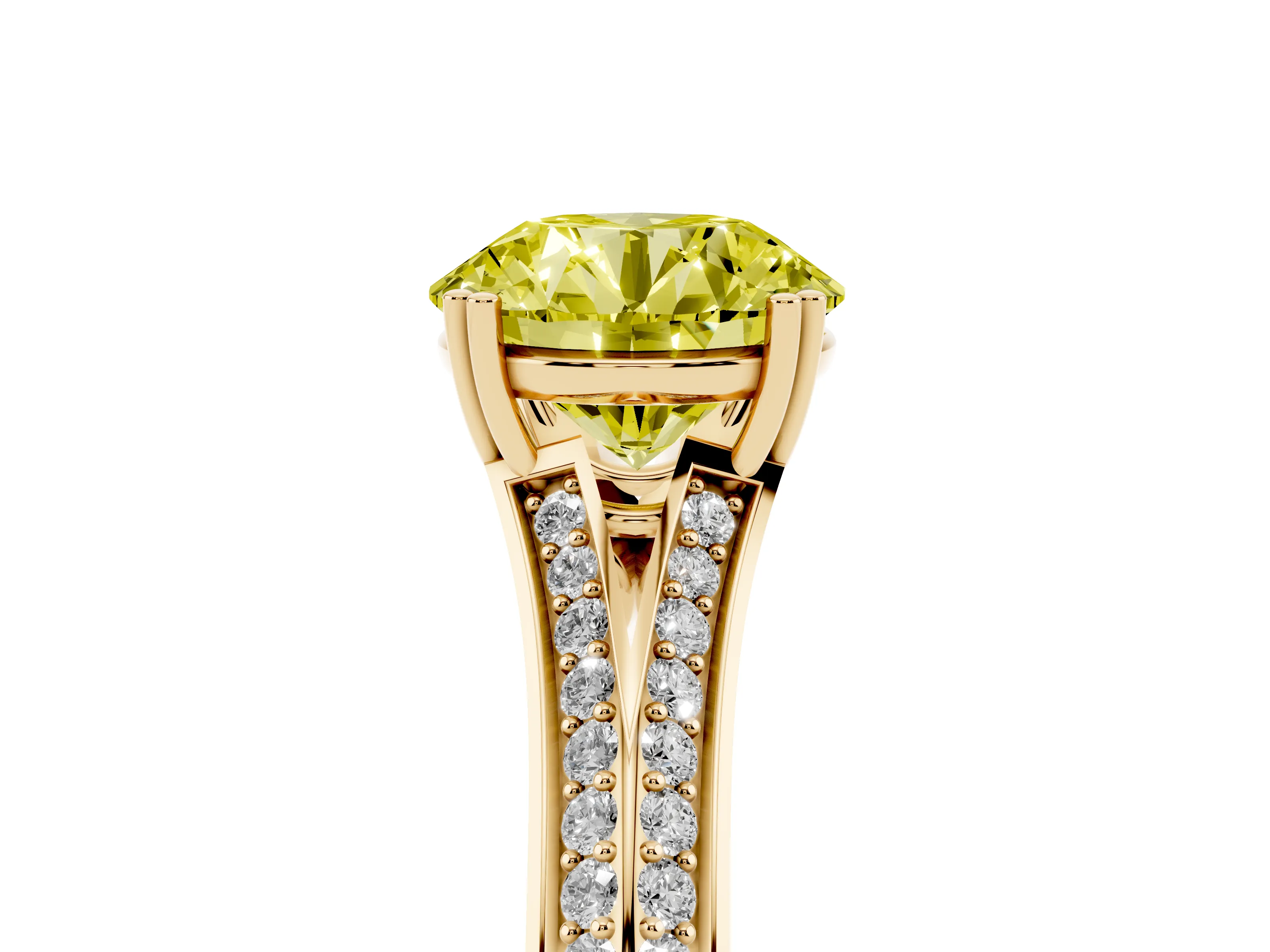 Fancy Yellow Round Cut Diamond Split Shank Pavé Engagement Ring Set in Yellow gold with Prong-Set Center Stone