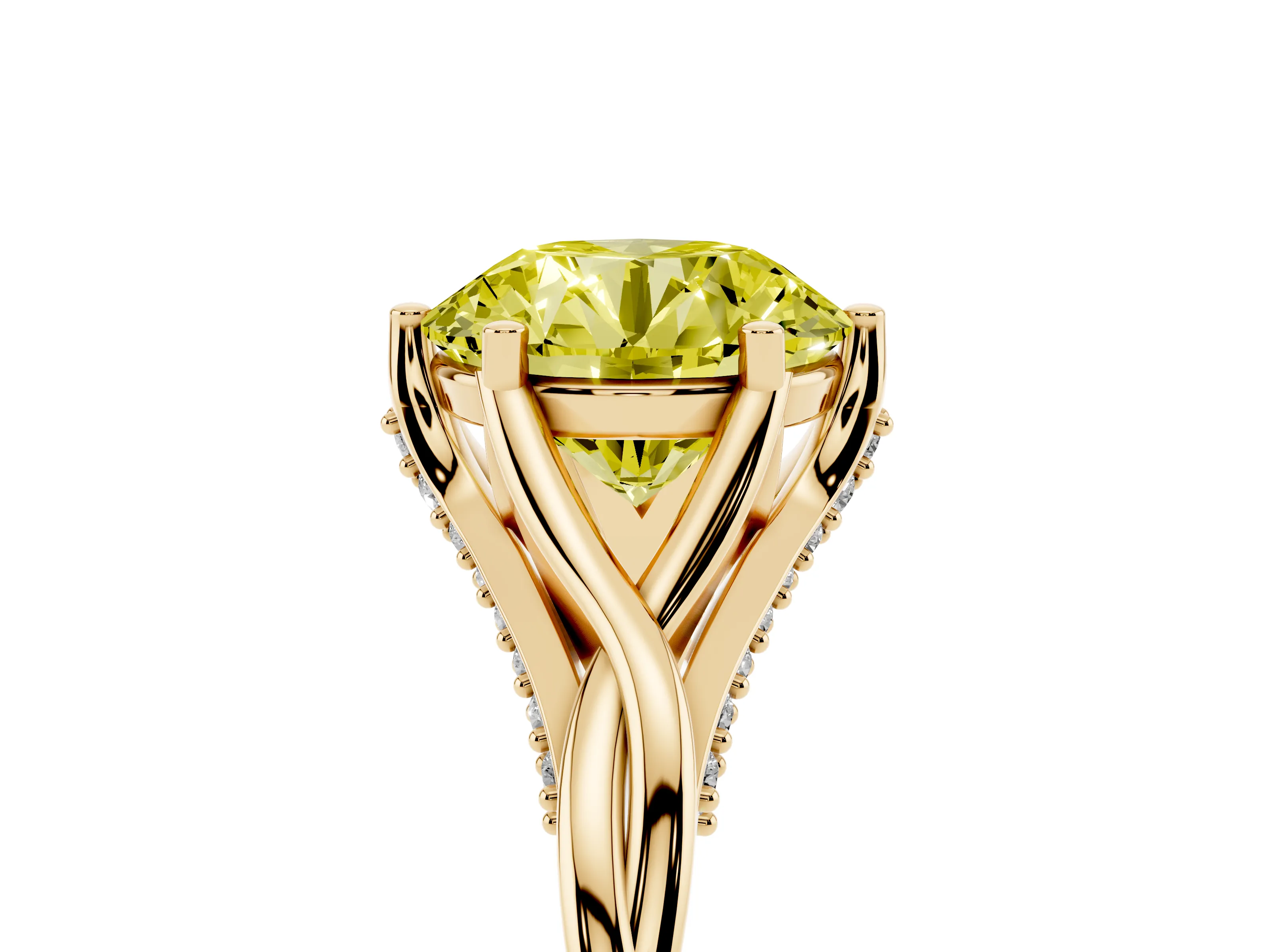 Fancy Yellow Round Cut Diamond Intertwined Twist Band Solitaire Ring Set in Yellow gold with Prong Setting
