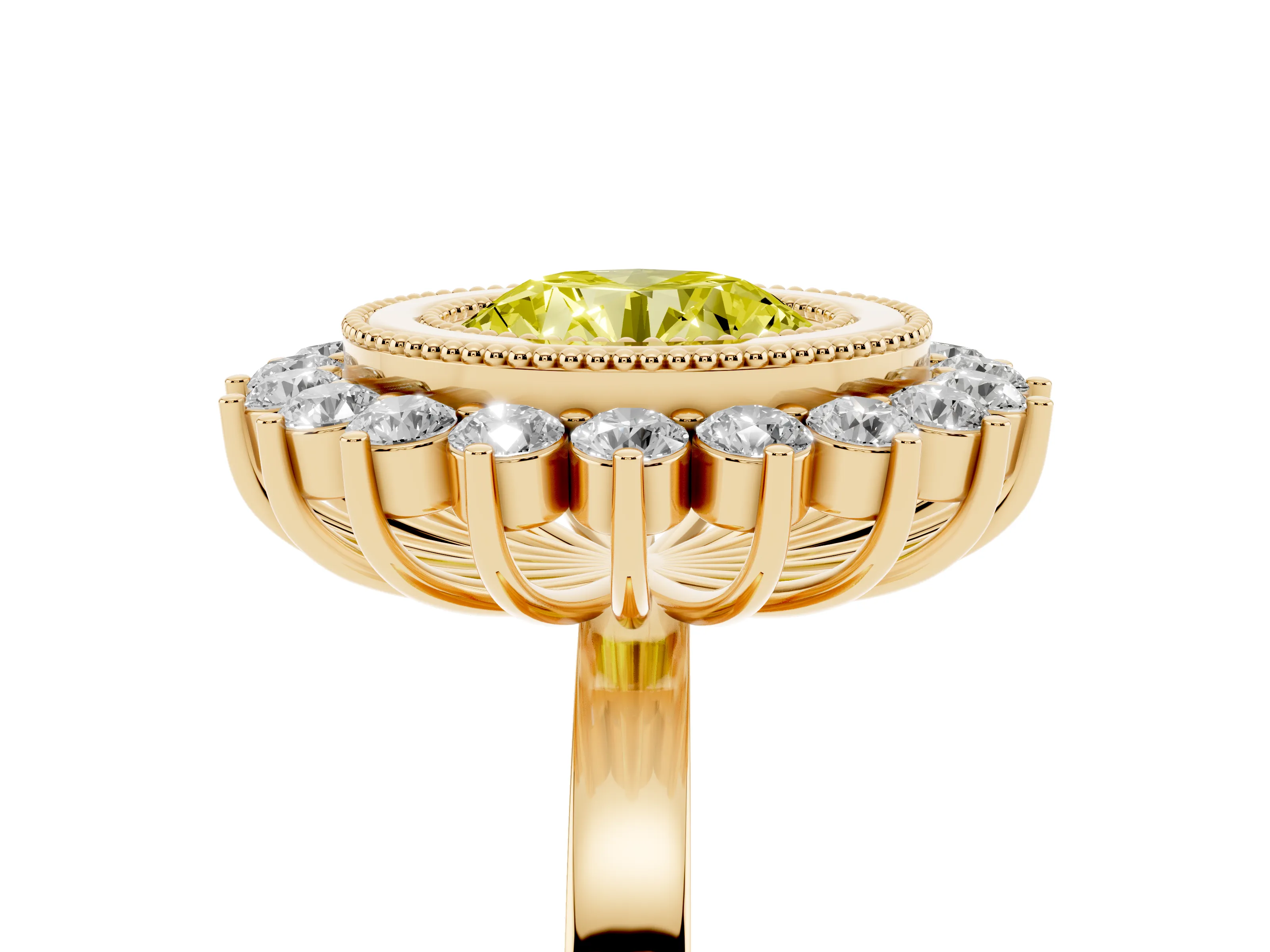 Fancy Yellow Round Cut Diamond Halo Ring Set in Yellow gold with Milgrain Edge and Round Prong Setting