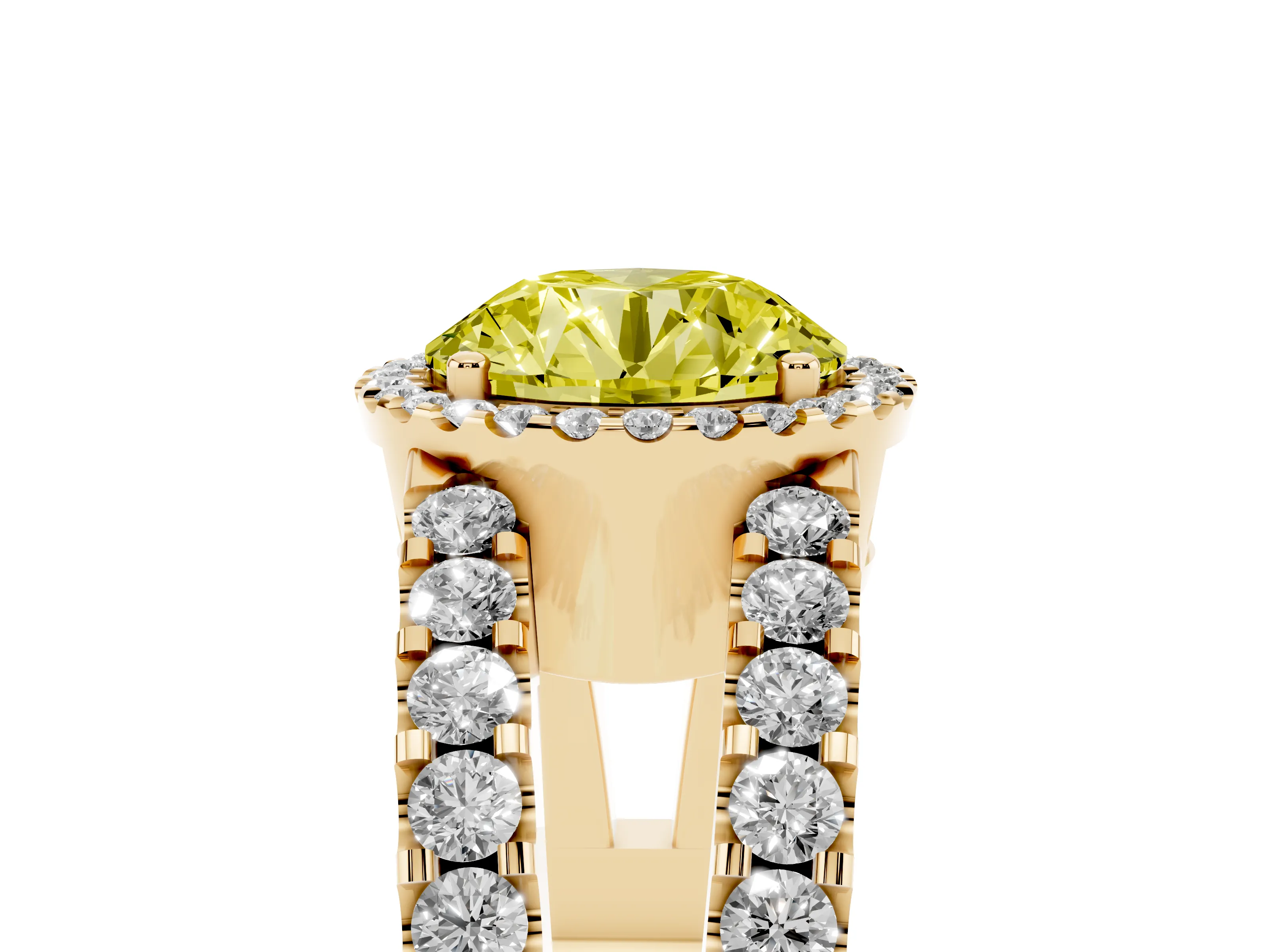 Fancy Yellow Round Cut Diamond Halo Ring Set in Yellow gold with Pavé Split Shank and Prong Setting