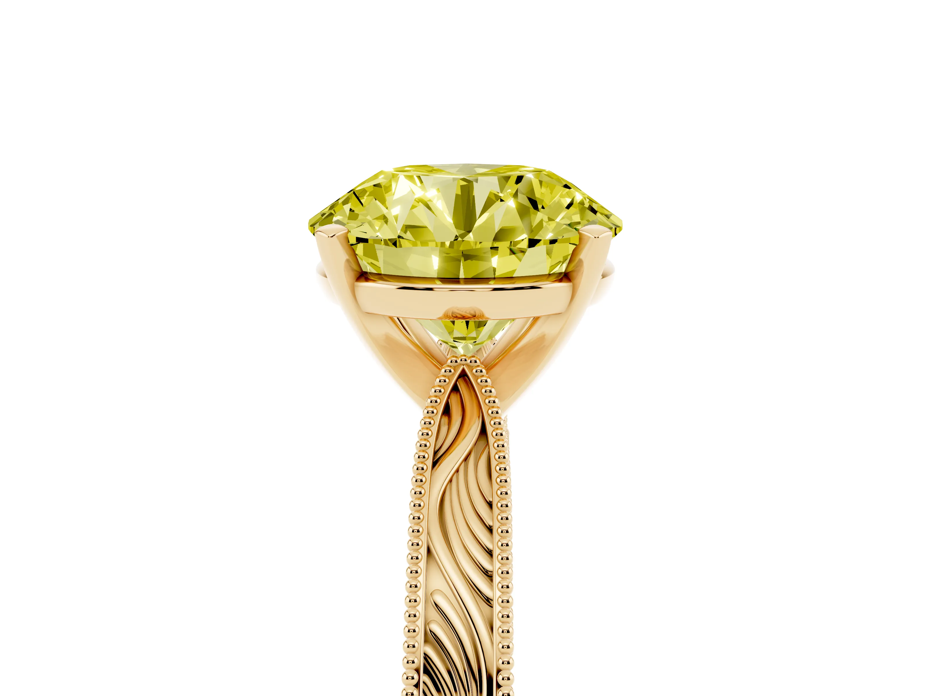 Fancy Yellow Round Cut Diamond Solitaire Milgrain Engraved Band Set in Yellow gold with Prong Setting
