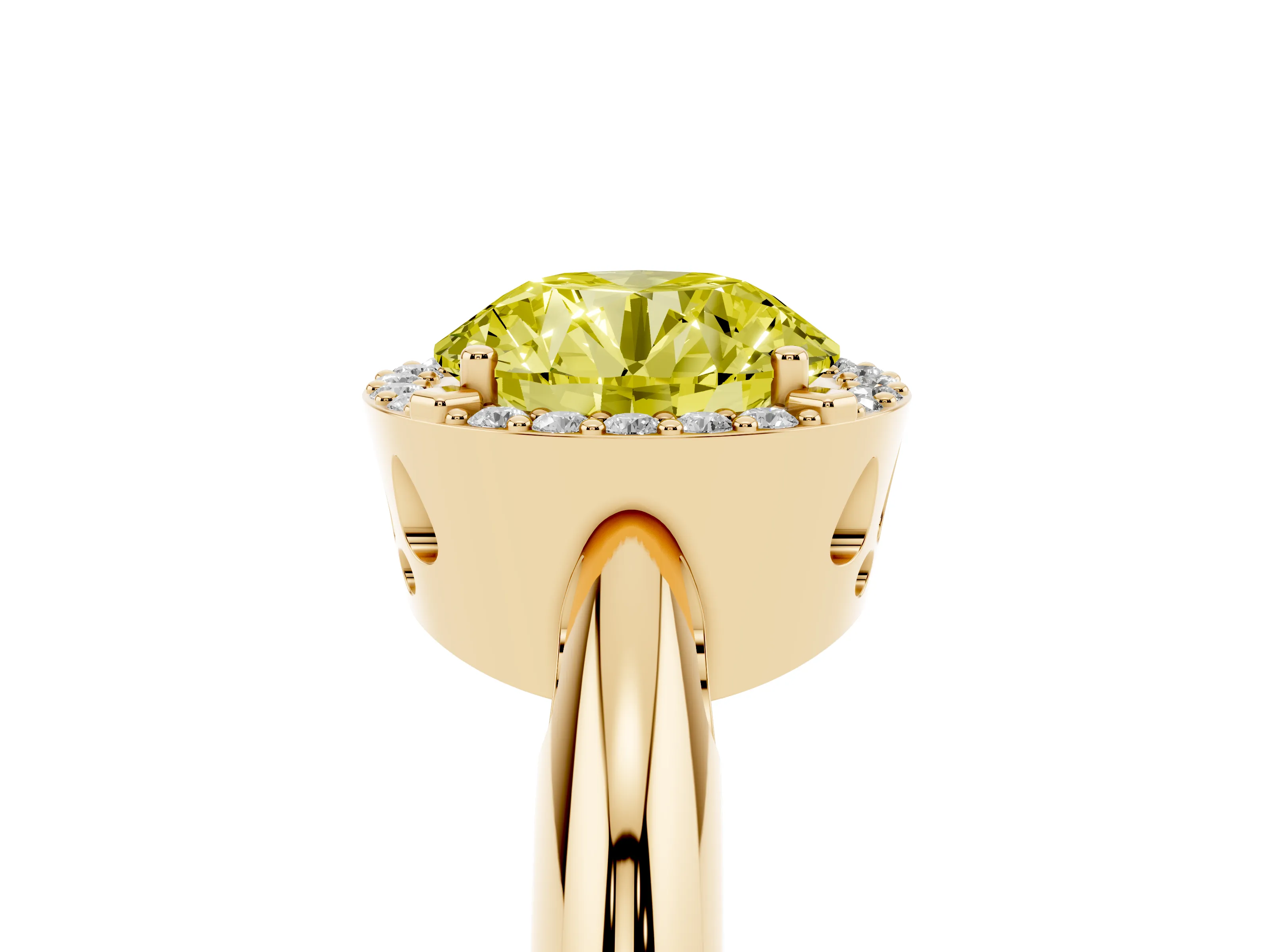 Fancy Yellow Round Cut Diamond Halo Engagement Ring Set in Yellow gold with Plain Split Shank and Prong Setting