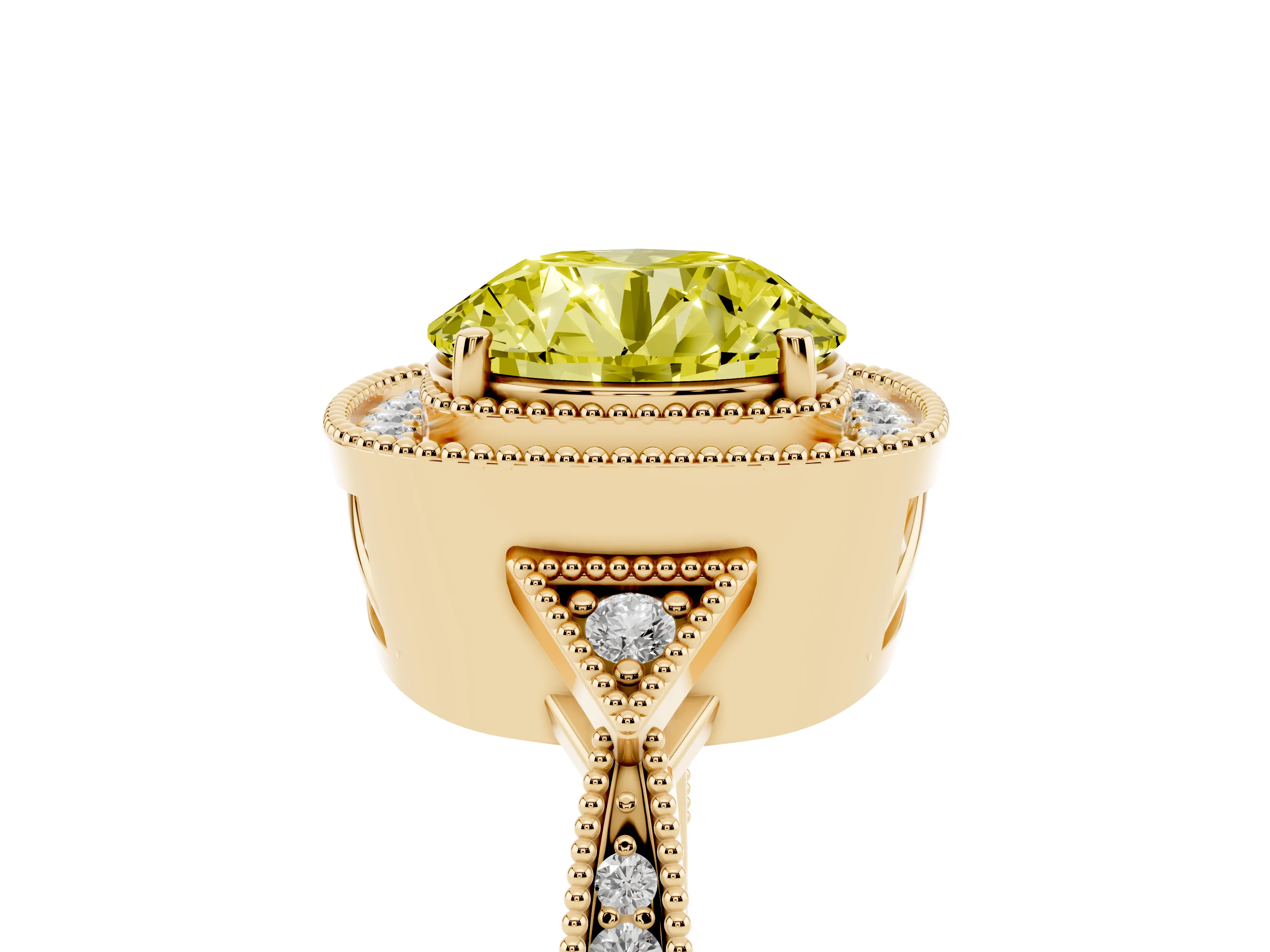 Fancy Yellow Round Cut Diamond Halo Engagement Ring Set in Yellow gold with Milgrain Pavé Band