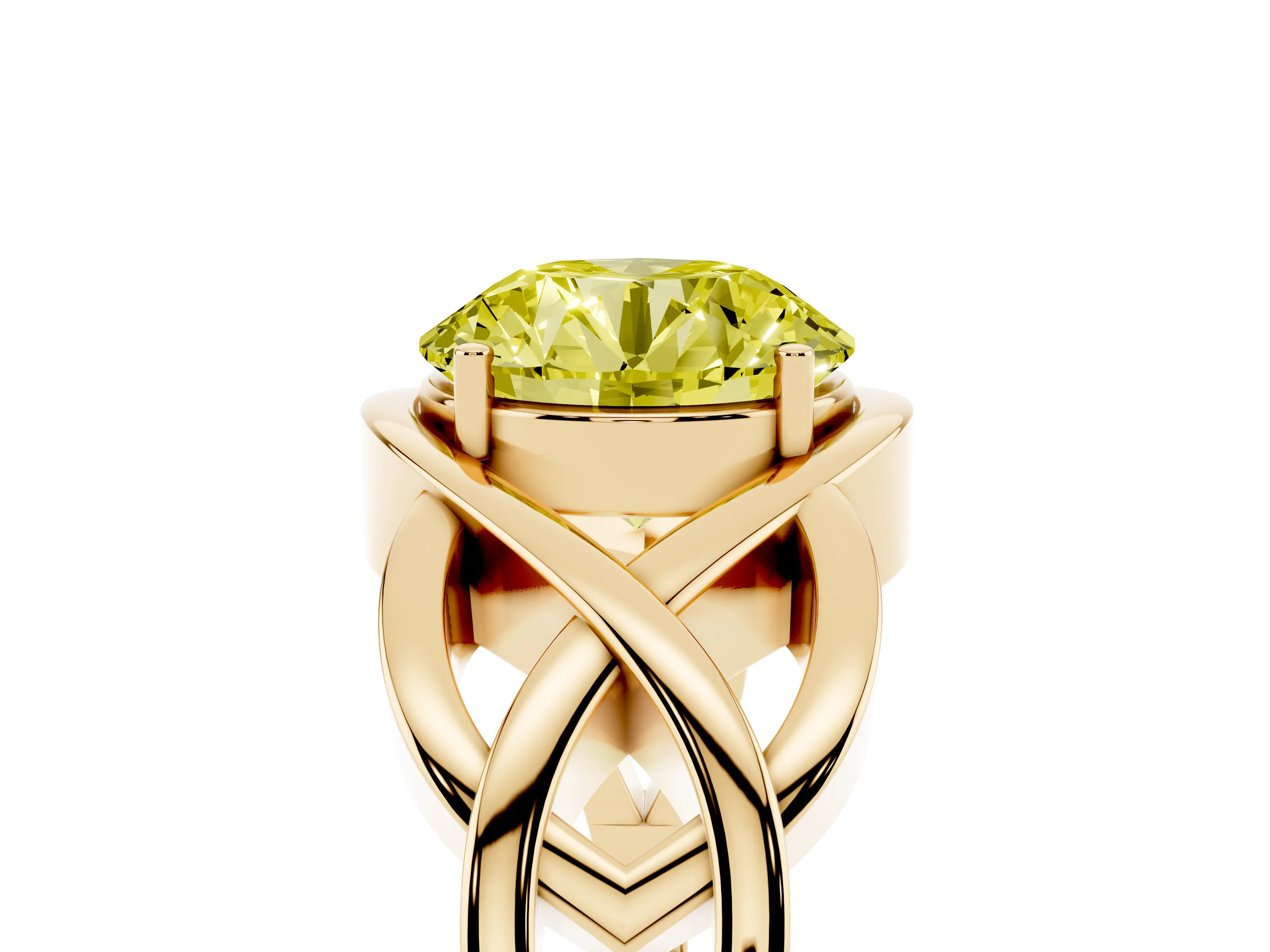Fancy Yellow Round Cut Diamond Solitaire Ring Set in Yellow gold with Intertwined Band