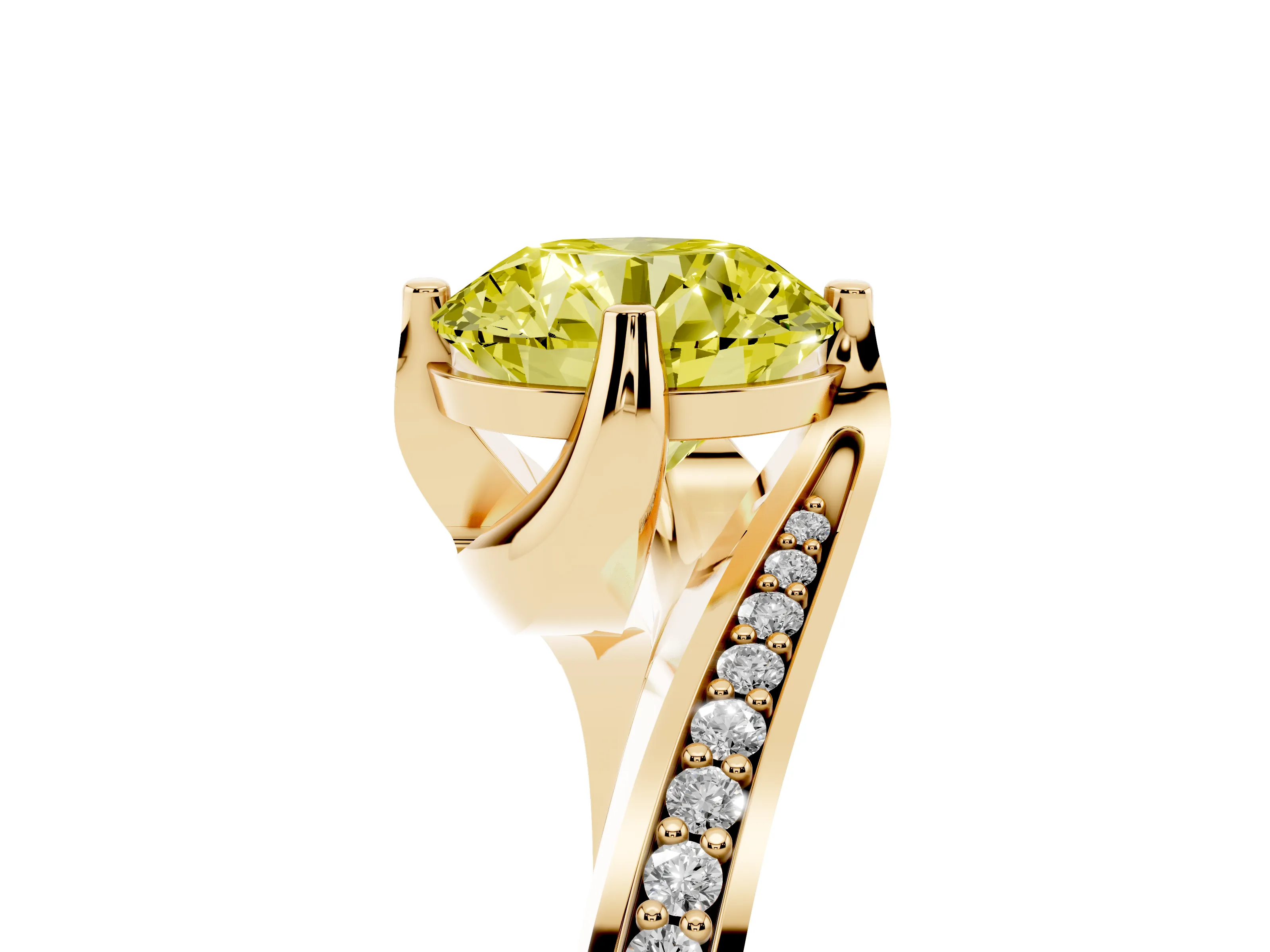 Fancy Yellow Round Cut Diamond Solitaire Ring Set in Yellow gold with Intertwined Pavé Twist Band