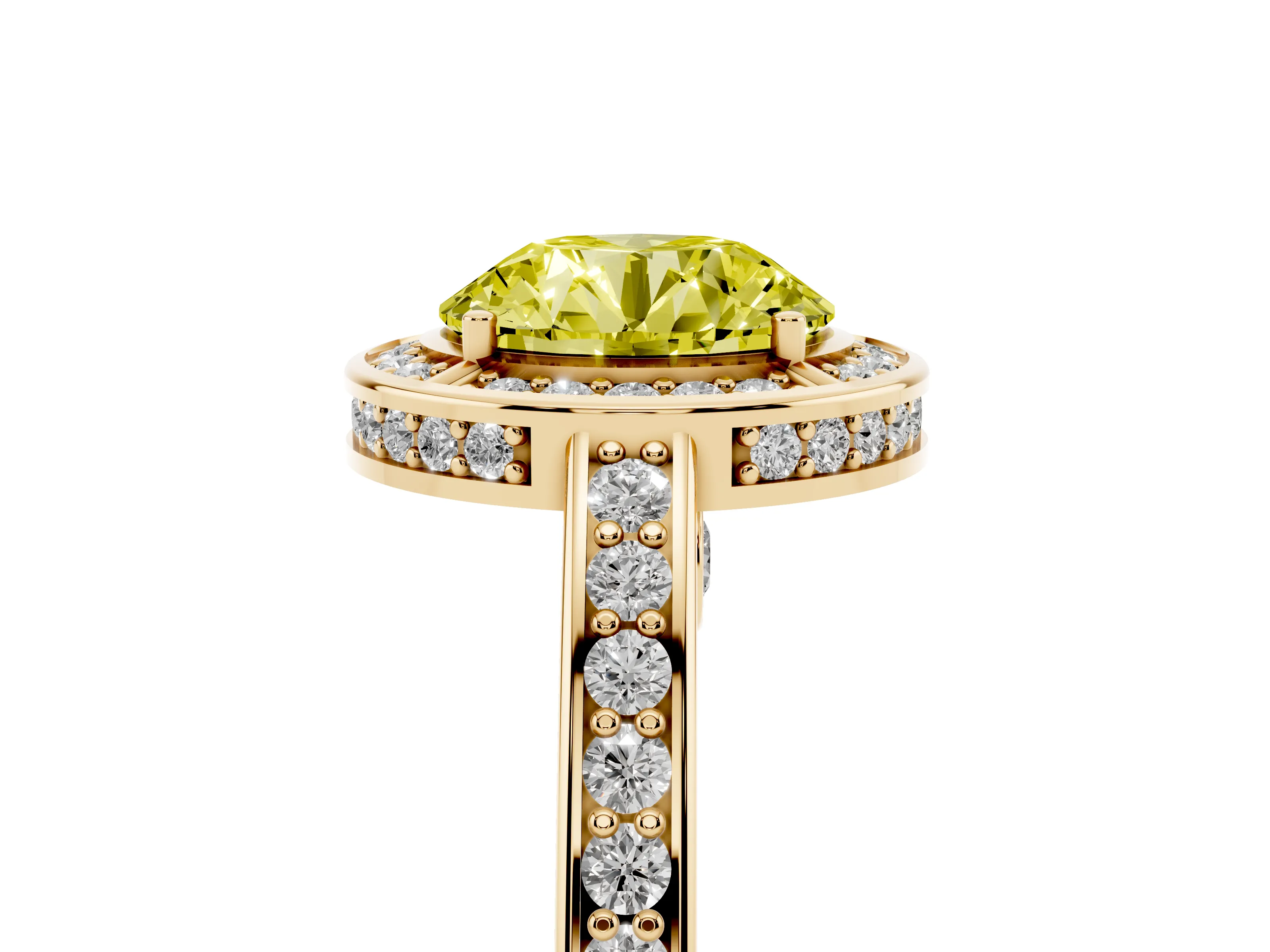 Fancy Yellow Round Cut Diamond Halo Pavé Split Shank Ring Set in Yellow gold with Prong Setting