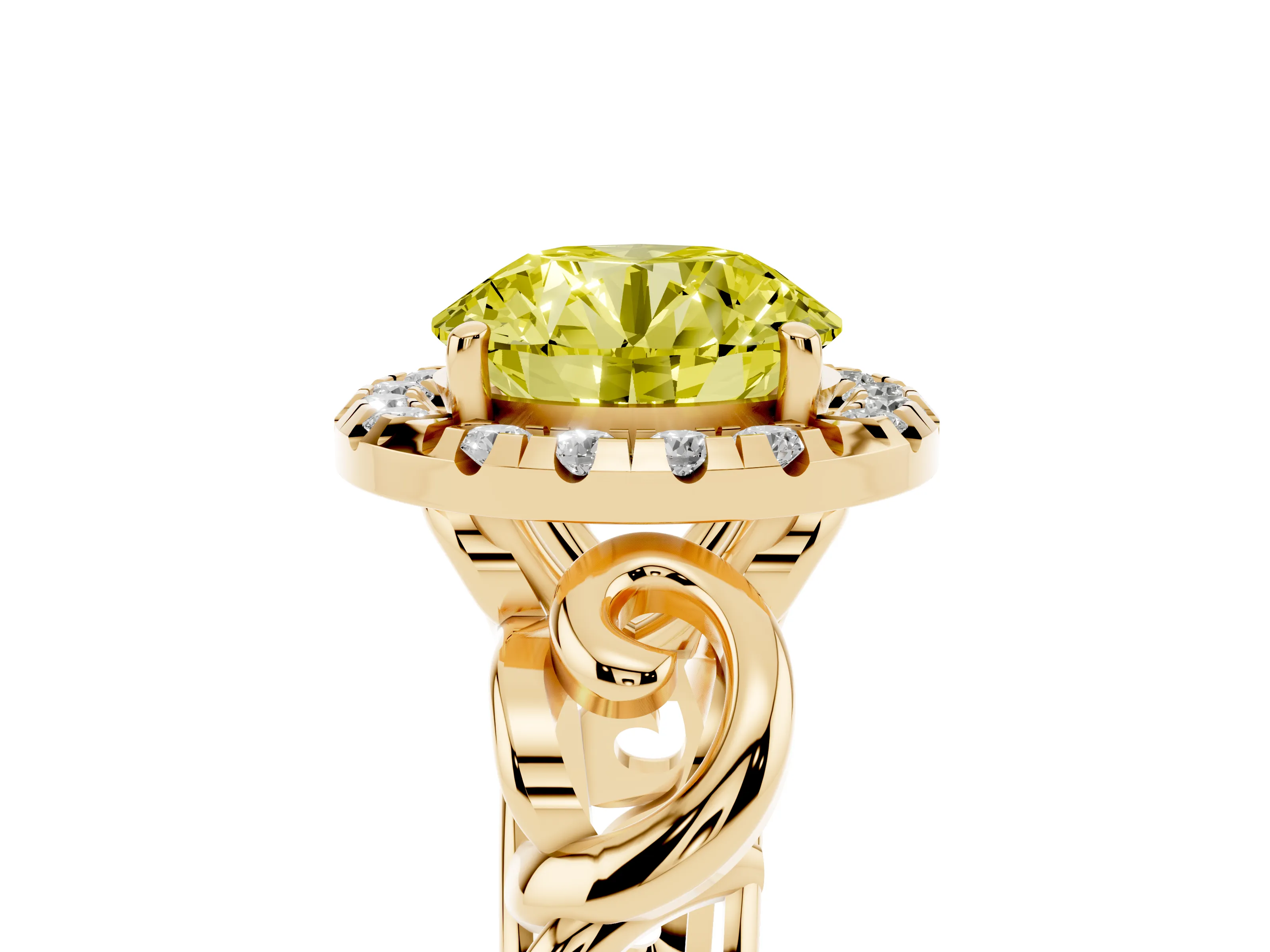 Fancy Yellow Round Cut Diamond Halo Ring Set in Yellow gold with Scrollwork Band and Prong Setting