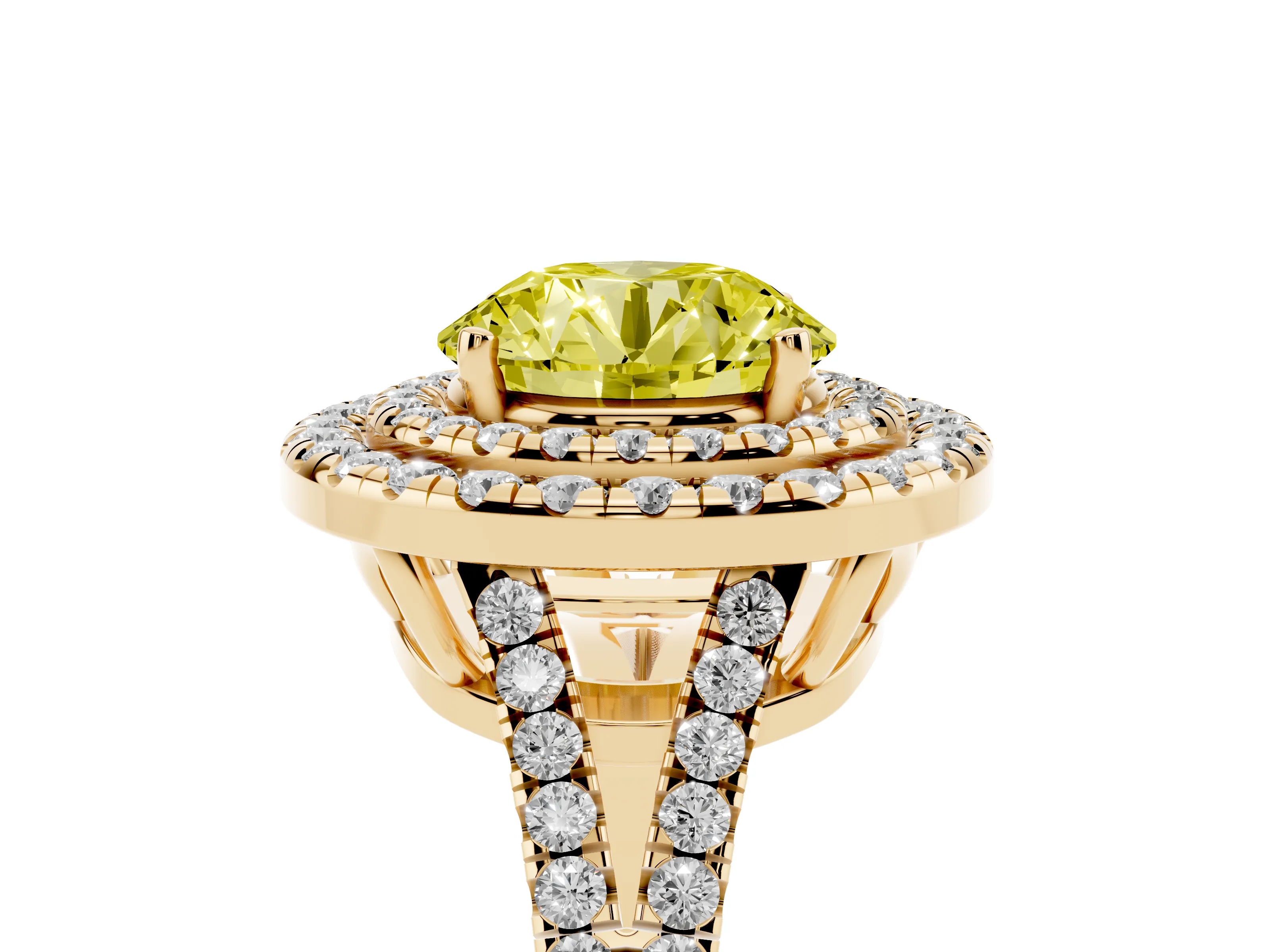 Fancy Yellow Round Cut Diamond Double Halo Ring Set in Yellow gold with Pavé Band